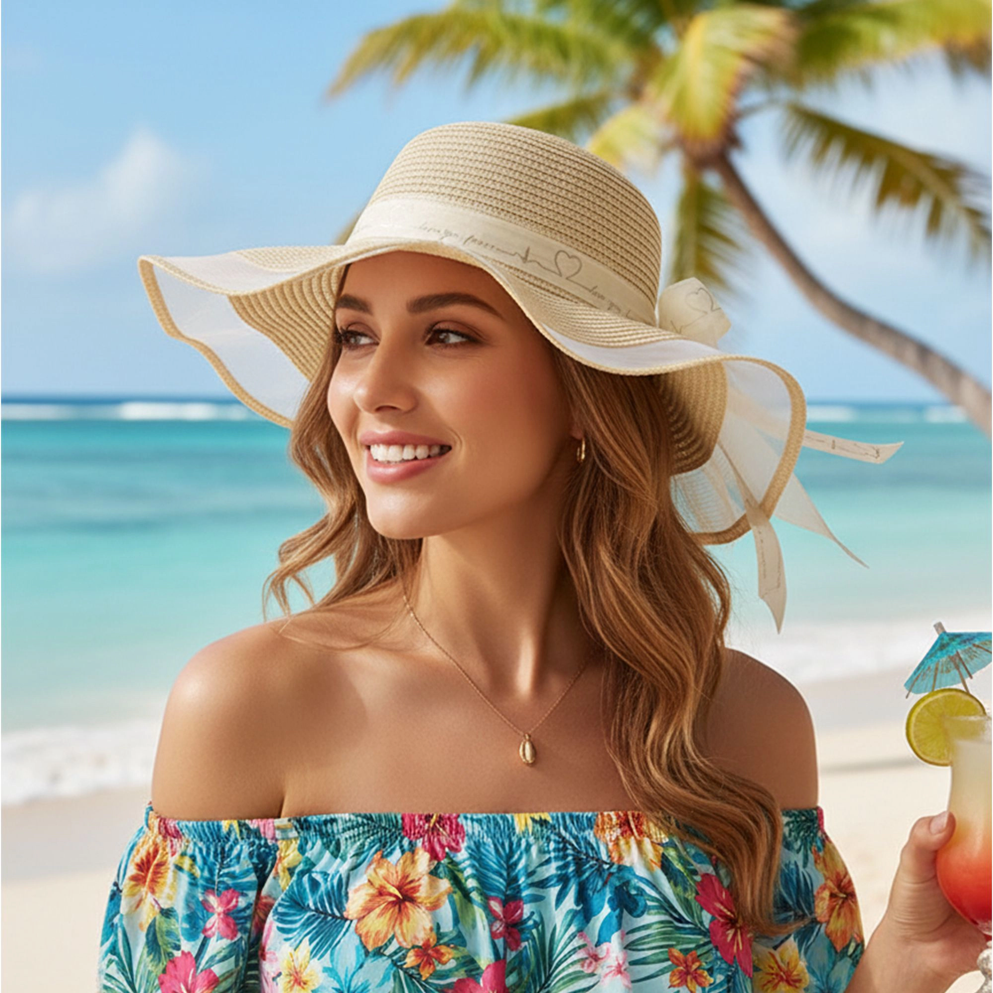 Anna-Kaci Women's Wide Brim Straw Sun Hat Sheer Mesh Trim Bow Ribbon Summer Beach Elegant Style