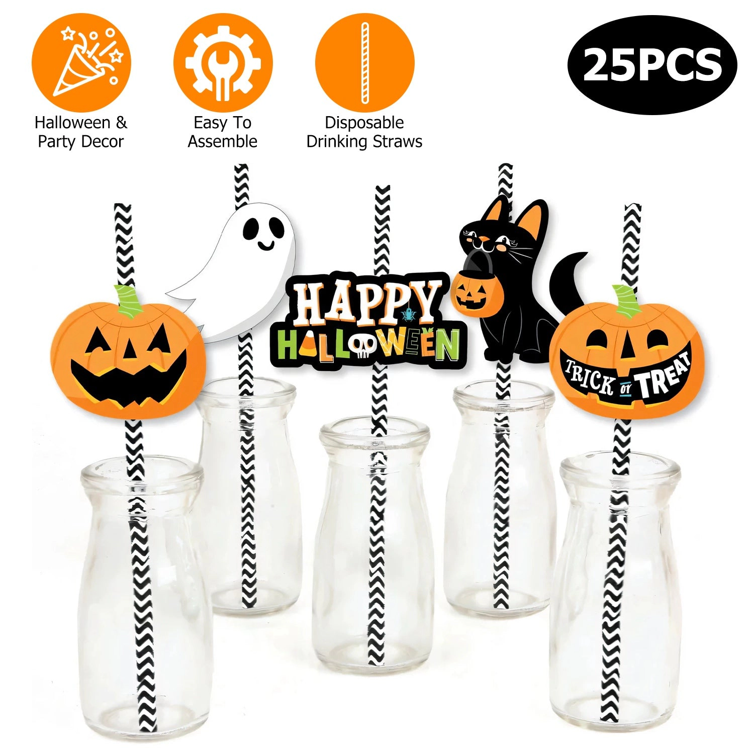 GBruno 24-Piece Halloween Paper Straws With Decor Cards