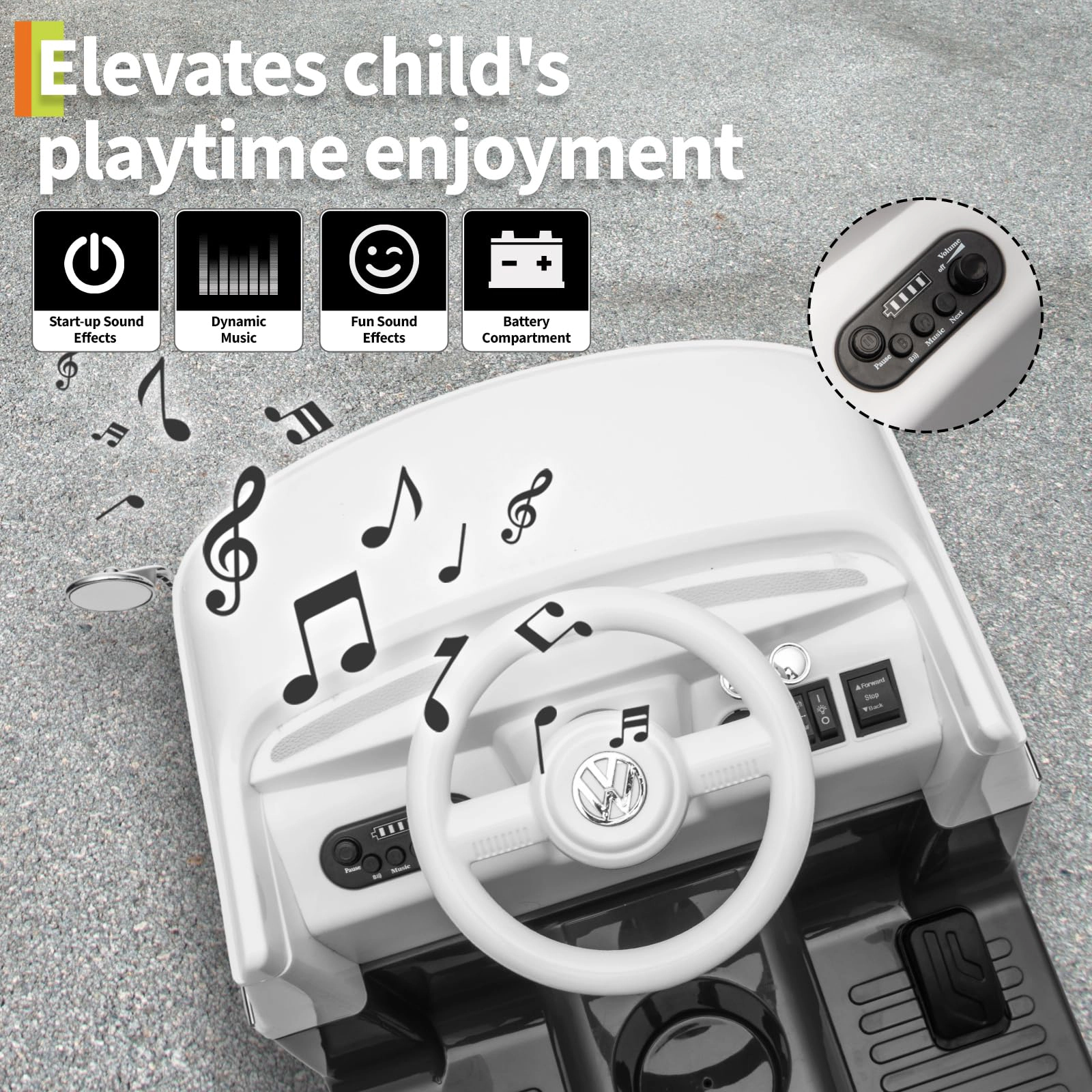 Enjyam 6V Licensed Volkswagen T1 Bus Ride-On Car for Kids with LED Lights, Horn, Music & Two Speeds