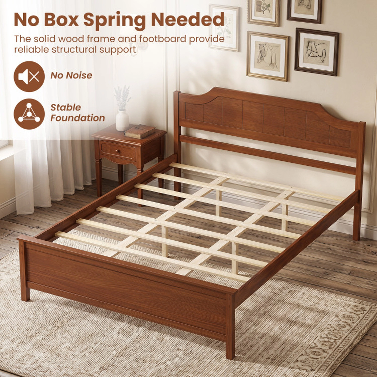 SUGIFT Queen Size 440-lb Capacity Walnut Solid Wood Platform Bed Frame with Headboard and 8 Plywood Slats