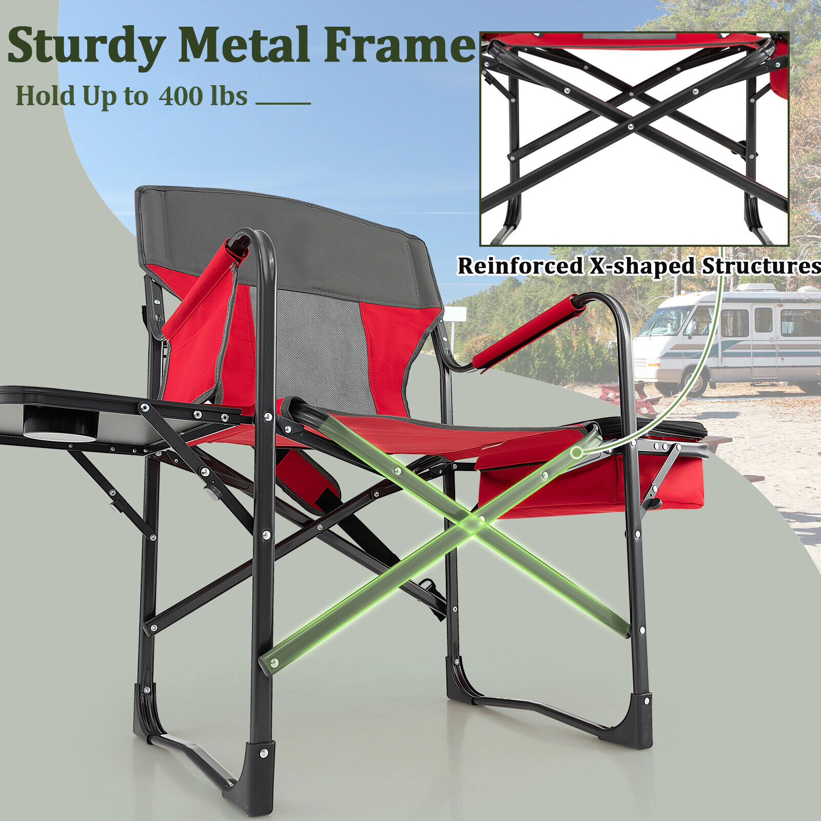 SUGIFT 400-lb Capacity Folding Camping Directors Chair with Side Table Cooler Bag and Padded Armrests
