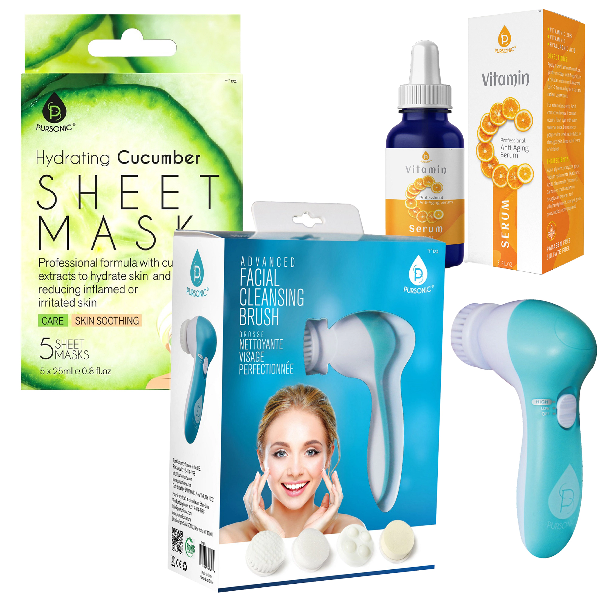 Pursonic Women’s Skincare Gift Bundle: Cucumber Sheet Masks, Facial Cleansing Brush & Vitamin C Serum