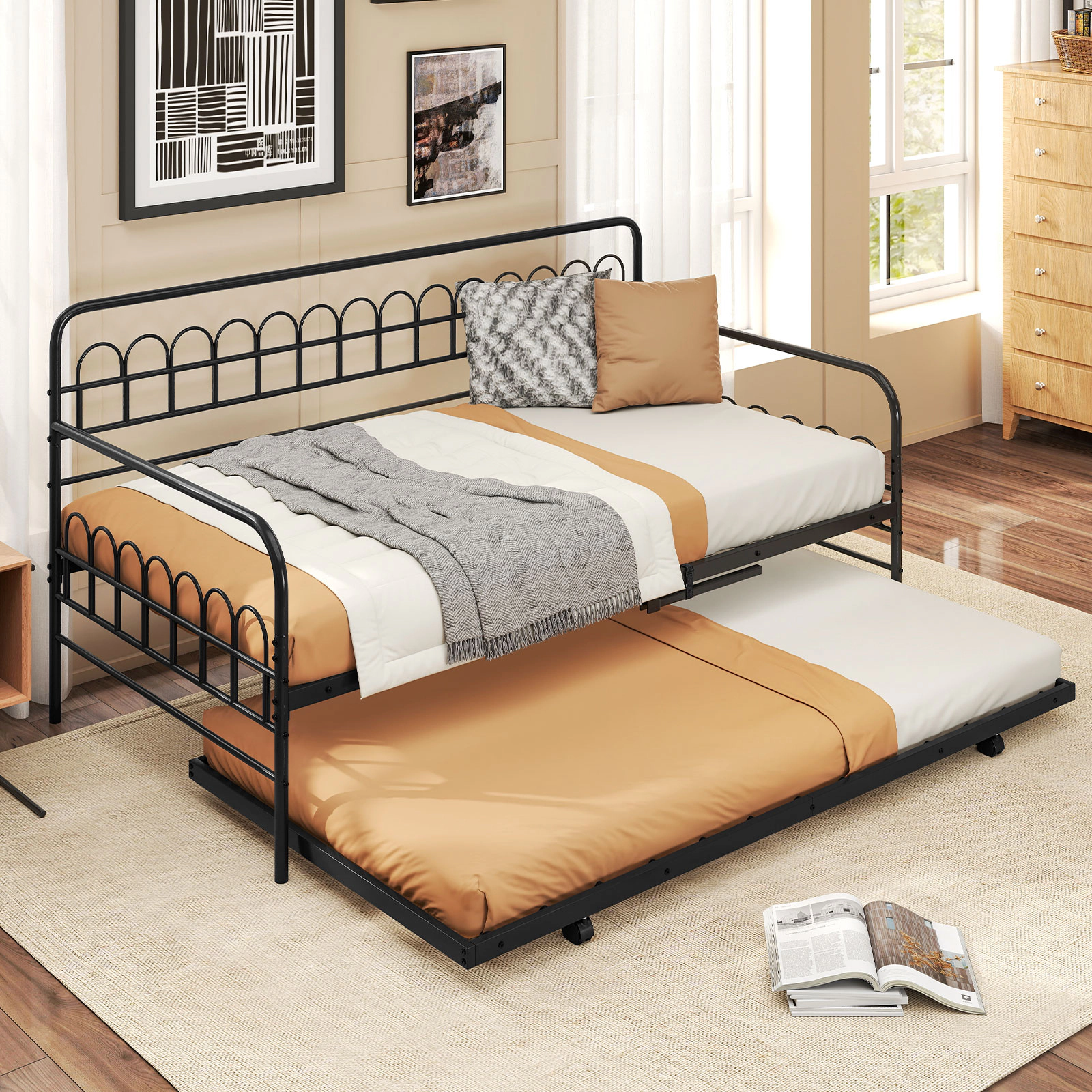 SUGIFT Black Curved Backrest Armrests and Roll-Out Trundle Twin Metal Daybed