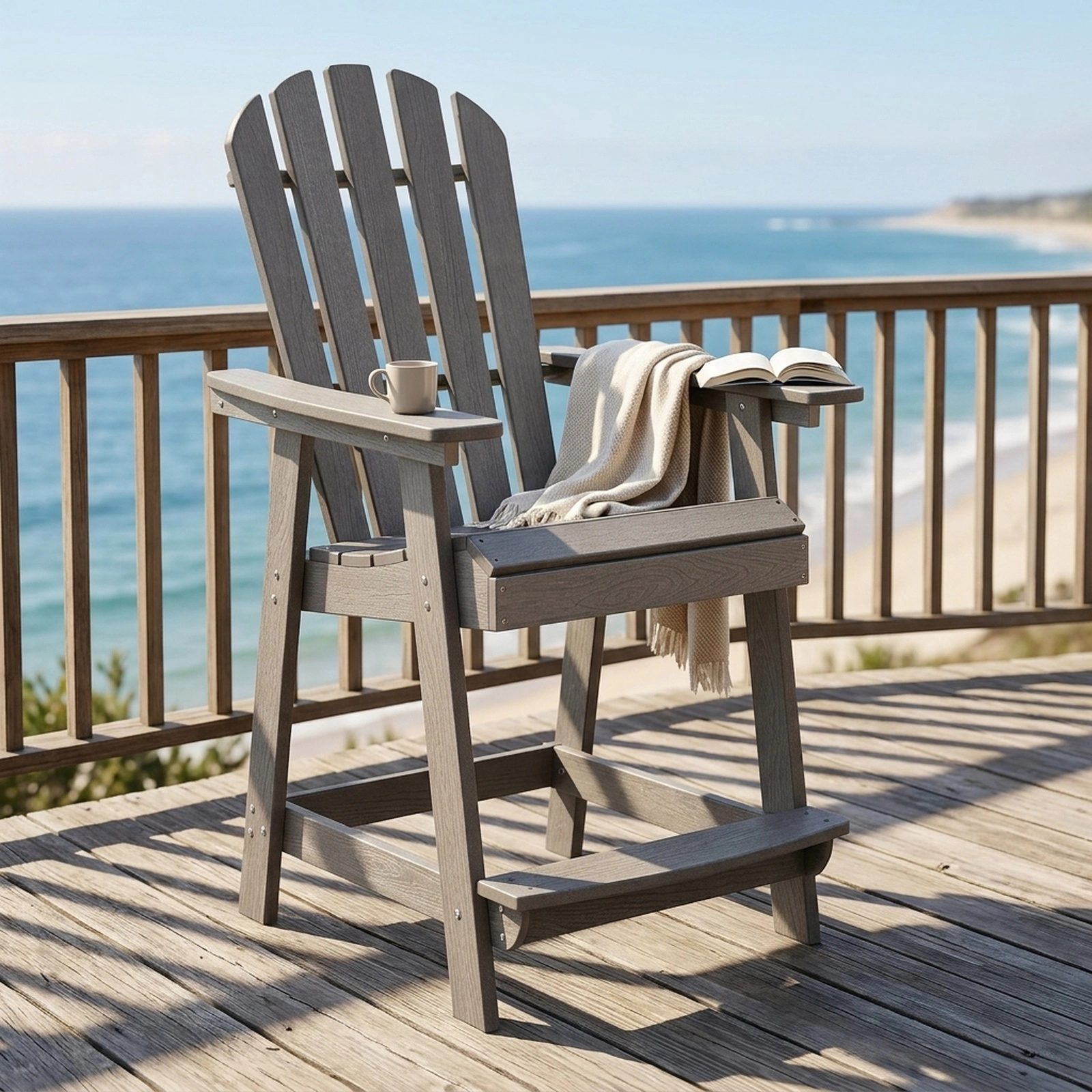 SUGIFT Gray HDPE Patio Bar Chair, 24.5-Inch Seat, Slatted Design, Arms and Footrest