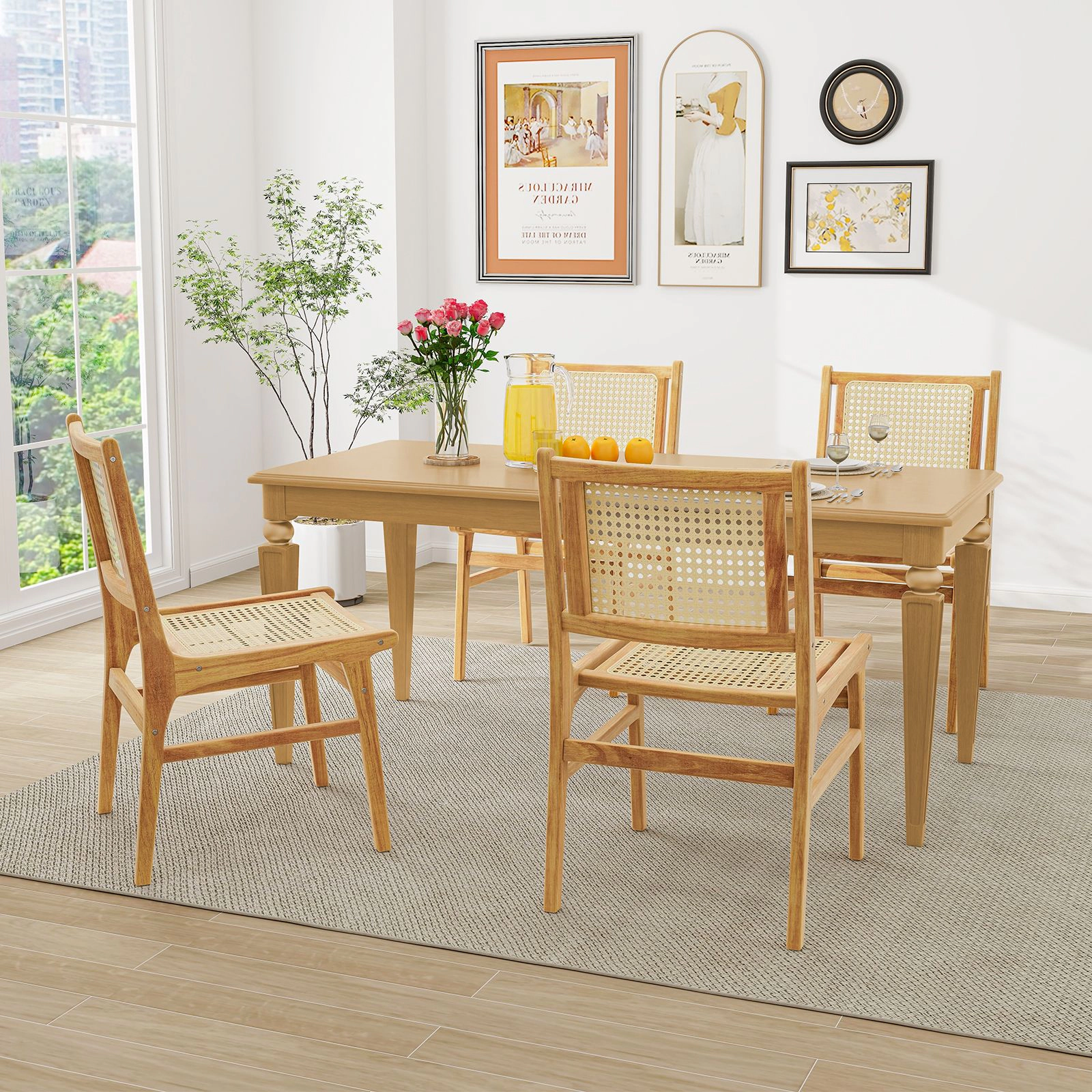 SlickBlue Farmhouse Rattan Dining Chair with Solid Teak Wood