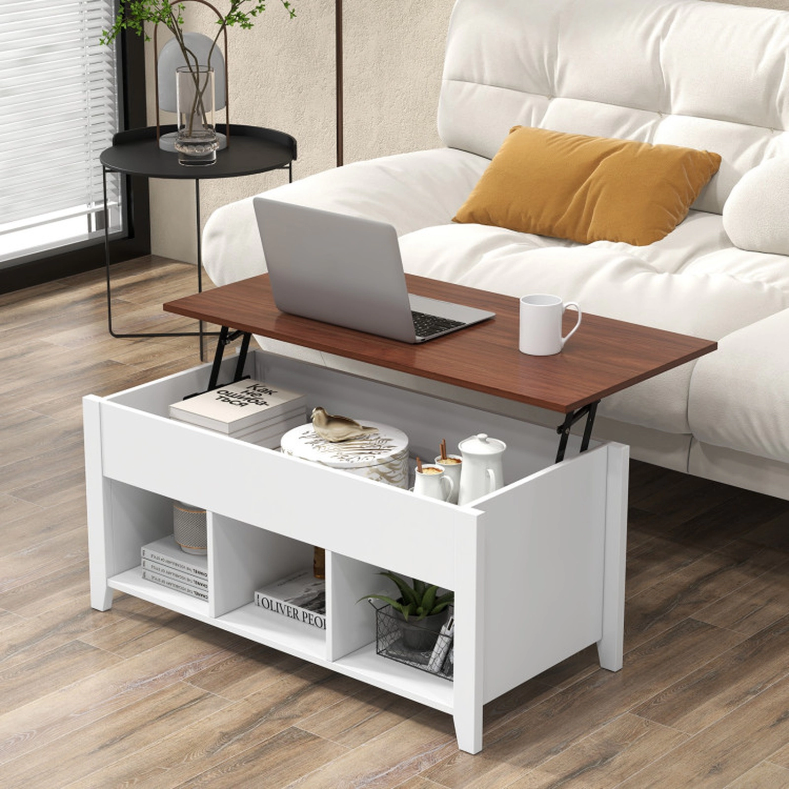SUGIFT Lift Top Hidden Storage Compartment 3 Open Shelves Coffee Table 41-in x 19.5-in 19-in to 24.5-in Tall White