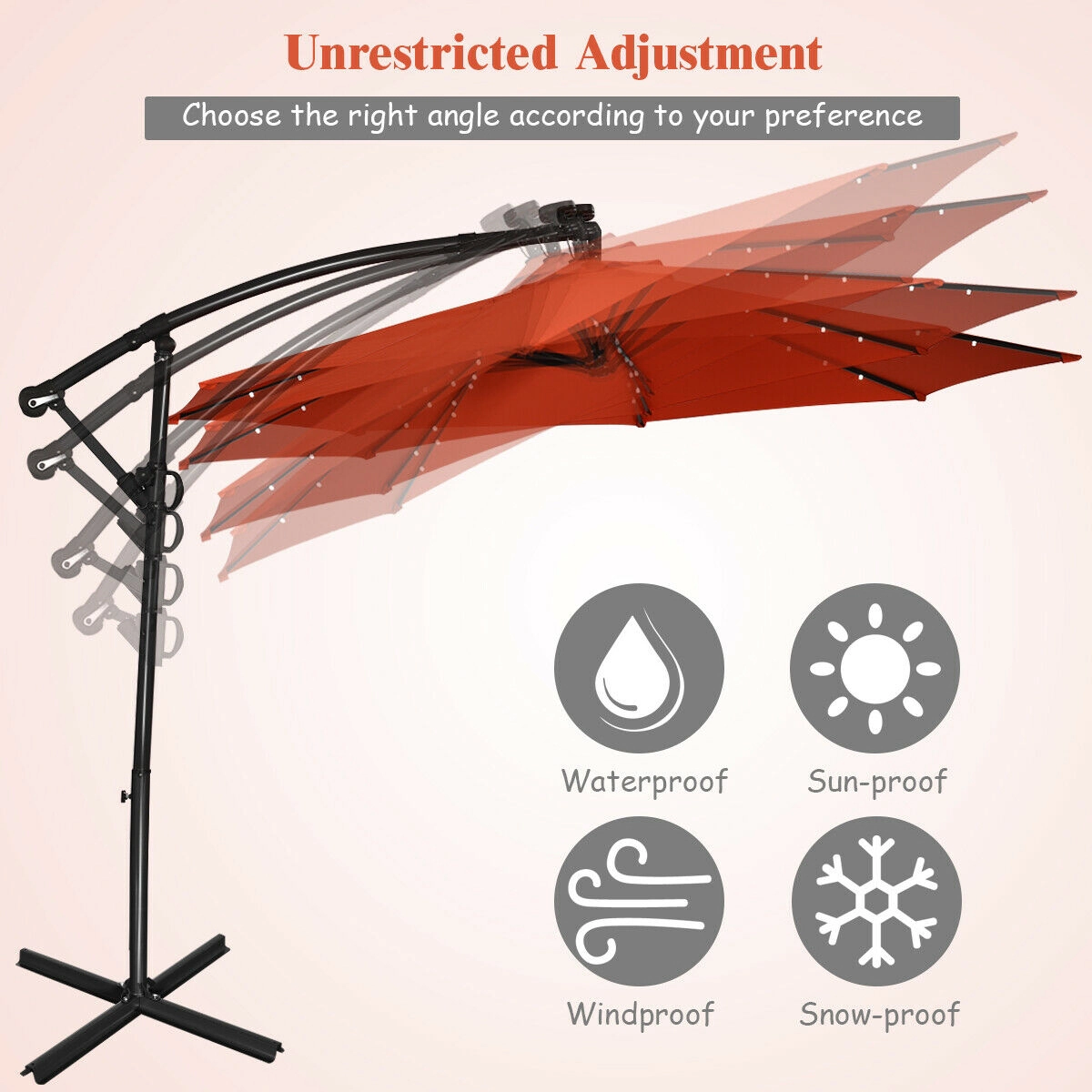SUGIFT 10-ft 360° Rotation Solar Powered LED Offset Patio Umbrella with 32 Lights without Weight Base Orange