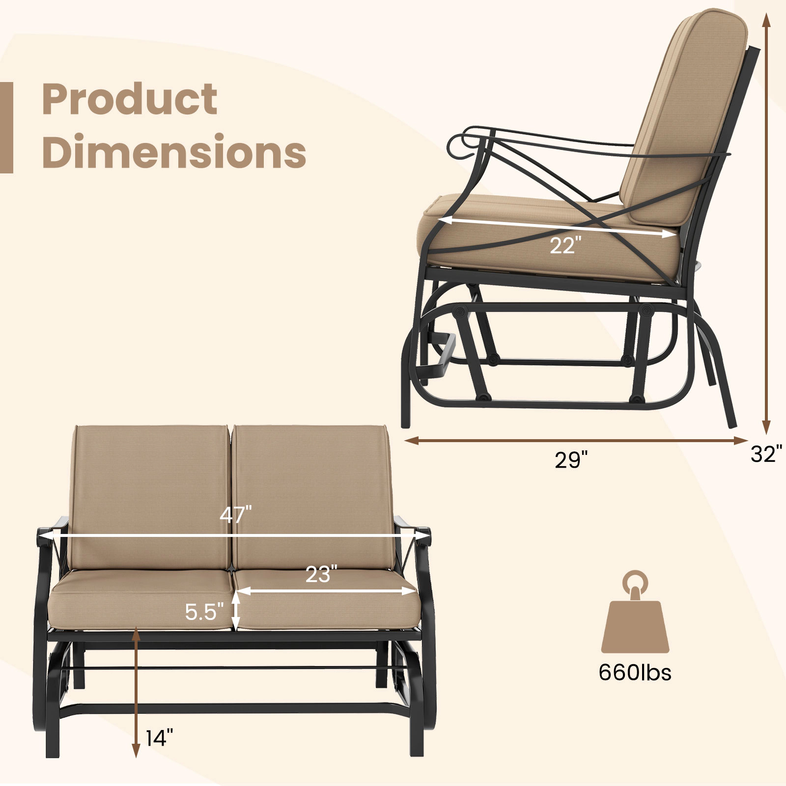 LJG Outdoor 2-Person Glider Rocking Chair Loveseat with Thick Cushions and Metal Frame