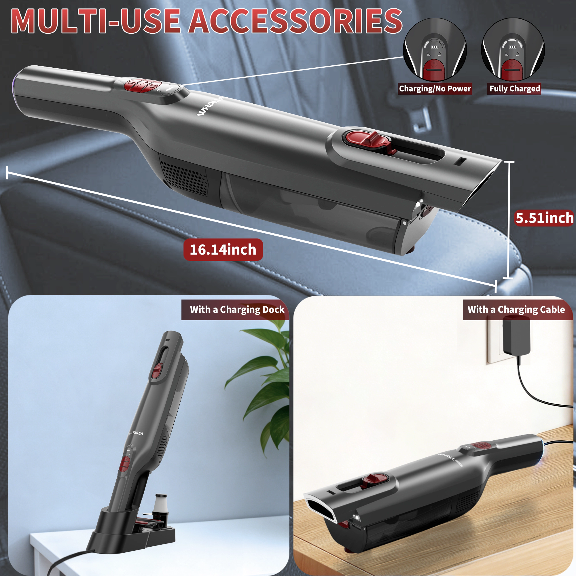 WHALL Cordless Handheld Vacuum with Strong Suction, LED Light, Multi-Accessories, Fast Charging for Home, Car, Pet Hair