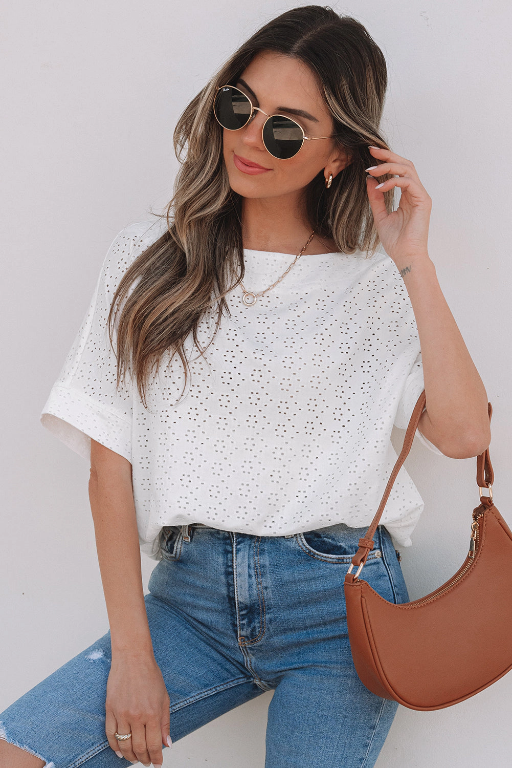 Threaded Pear Women's Faye Eyelet Pattern Casual Top