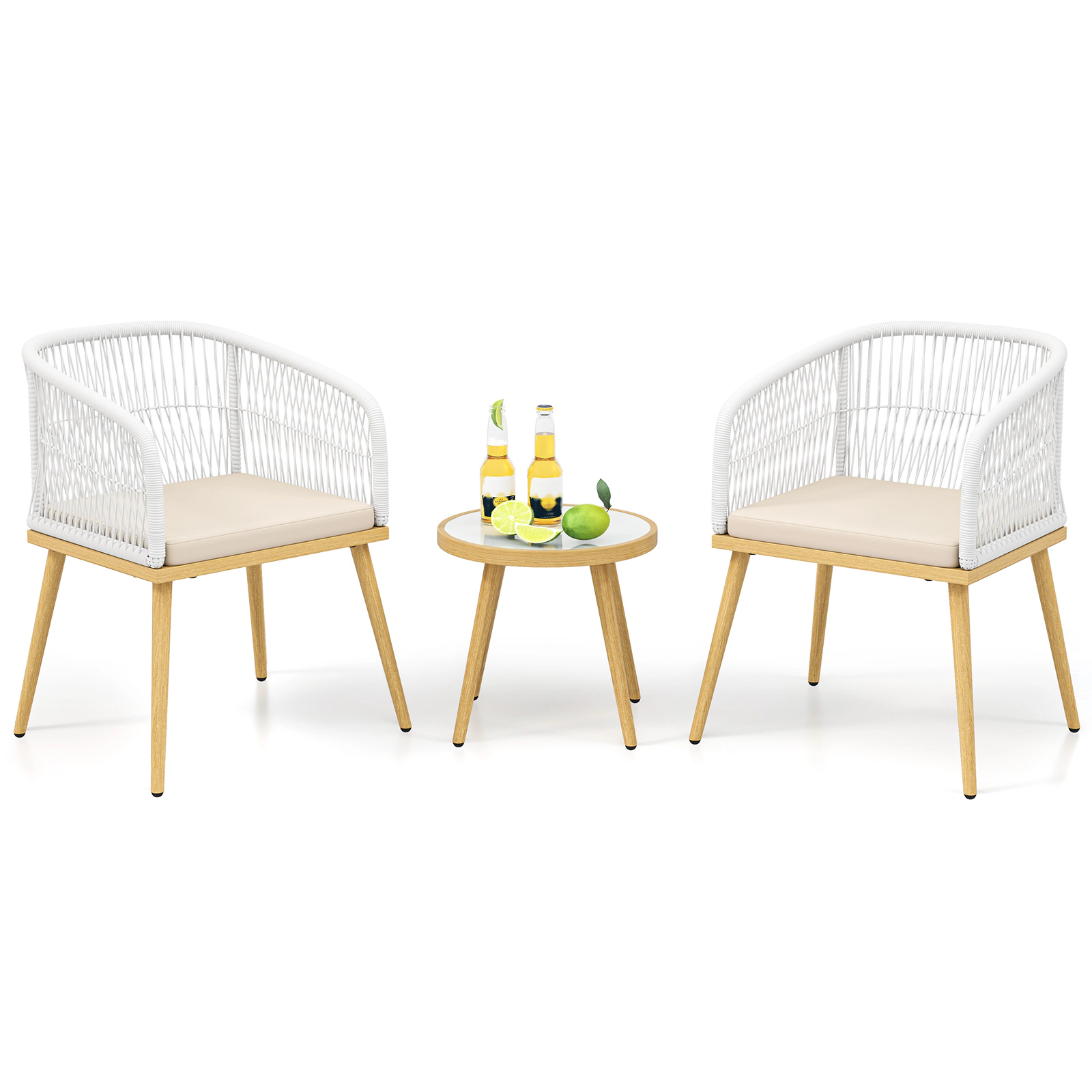 SUGIFT 3-Piece Beige PE Wicker Bistro Set with Galvanized Metal Frame