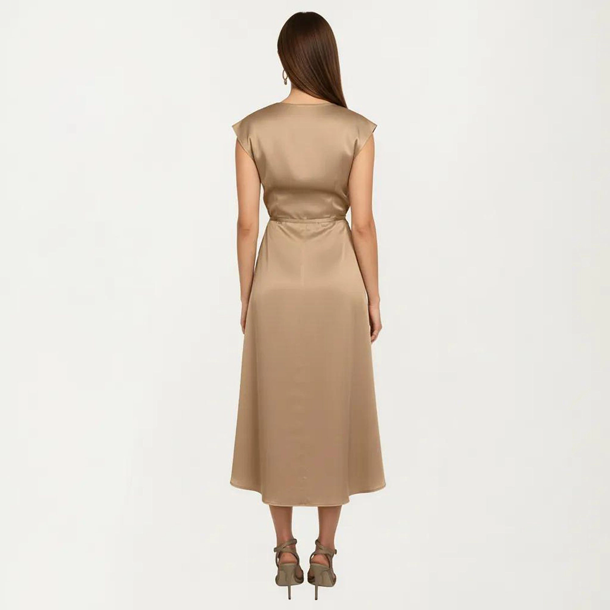 Anna-Kaci Women's Cap Sleeve Wrap V Neck Adjustable Side Tie Fluid Draped Skirt Midi Dress
