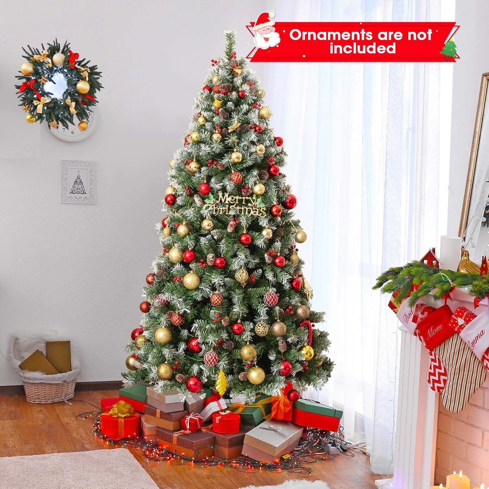 SUGIFT 6.5-ft Pre-Lit Artificial Christmas Tree with 69 Pine Cones 207 Red Berries and 420 Warm White LEDs
