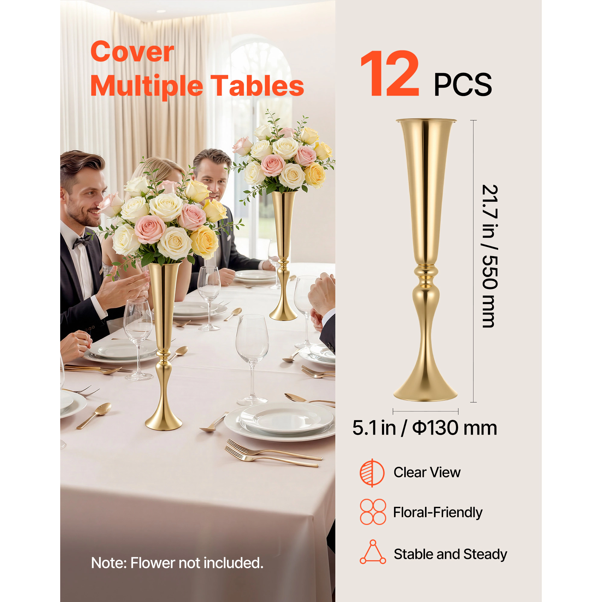 HONGGE Crystal Wedding Flower Stand Metal Wedding Centerpiece Vase Gold Flower Holders Floral Display Rack for Tables