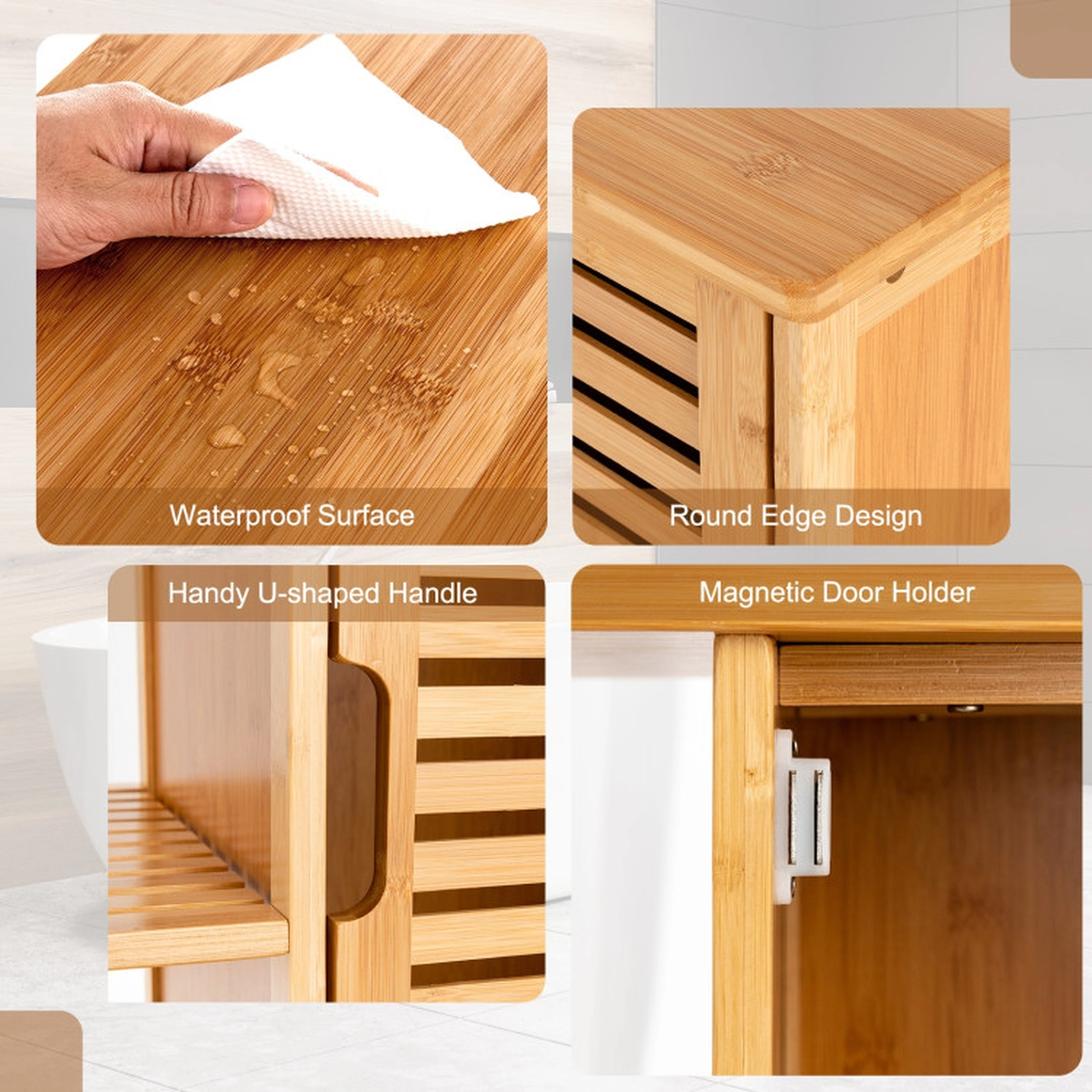 SUGIFT Natural 110-lb Top Capacity Bamboo Bathroom Storage Cabinet with Single Louvered Door and 3 Shelves