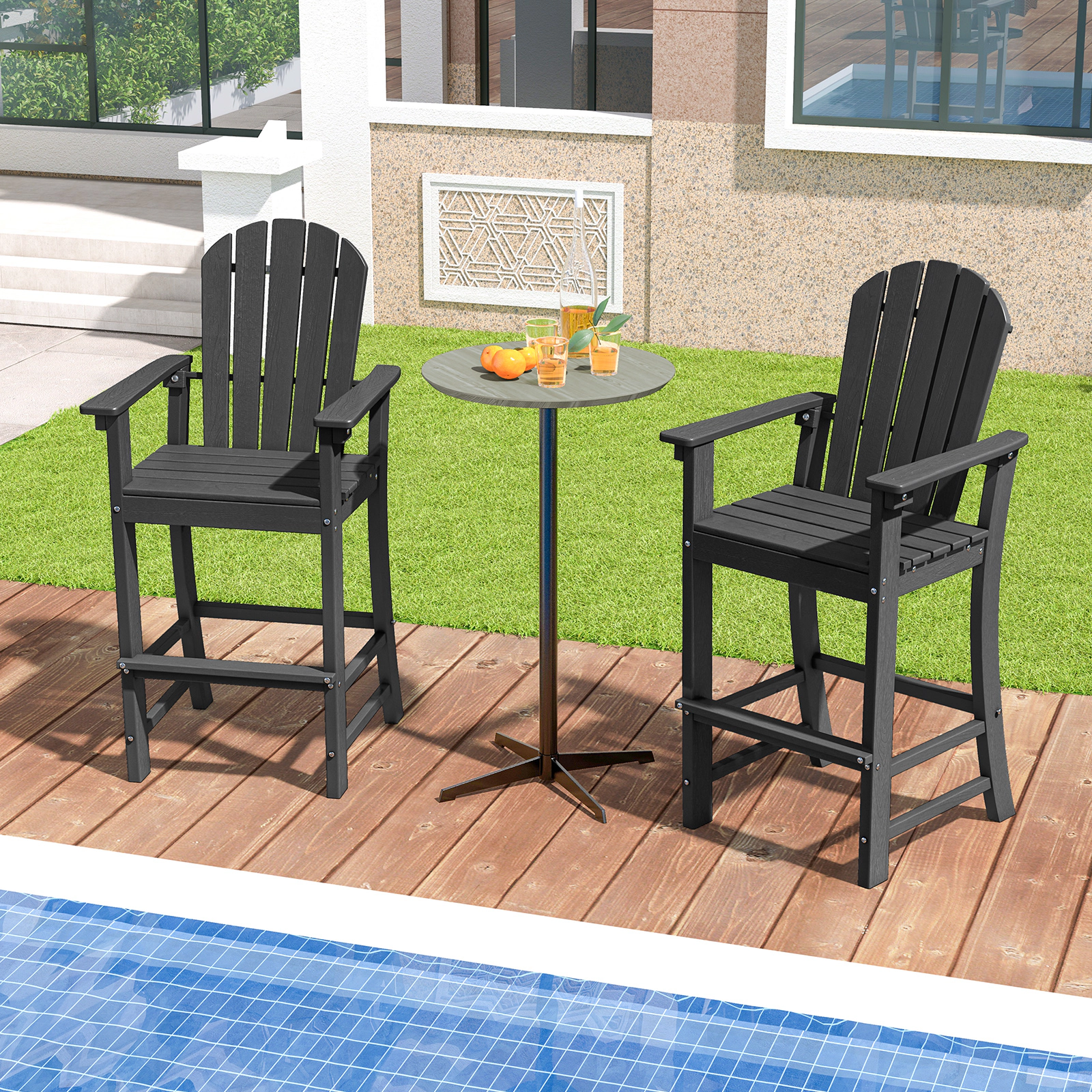 LJG Set of 2 Counter Height Outdoor HDPE Bar Stool with Armrests and Footrest
