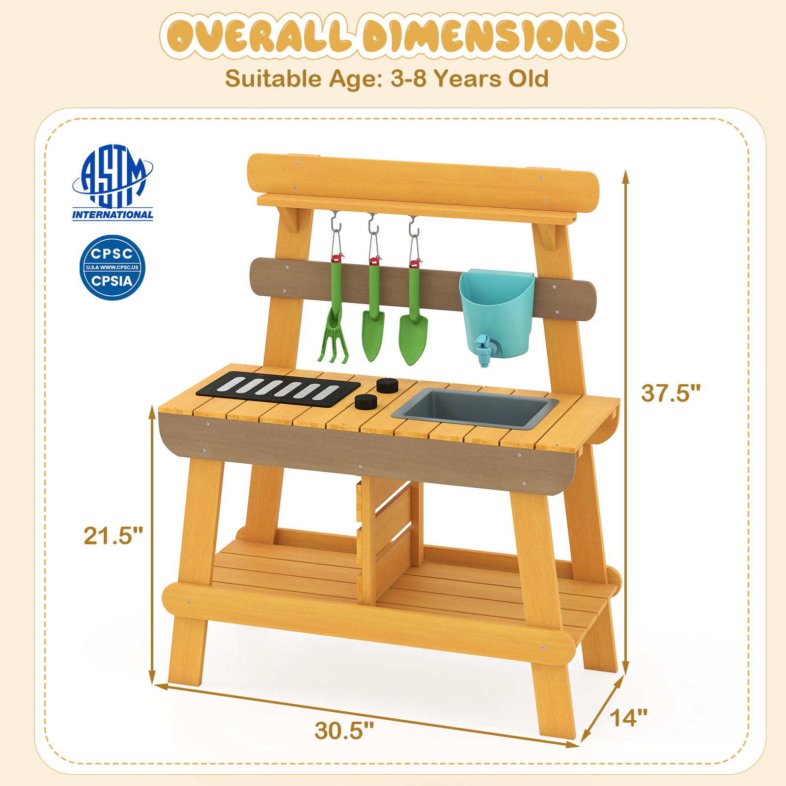 SUGIFT Outdoor Wooden Mud Kitchen Playset with Grill Rack Sink and Storage 30.5 x 14 x 37.5 in Ages 3-8 Natural