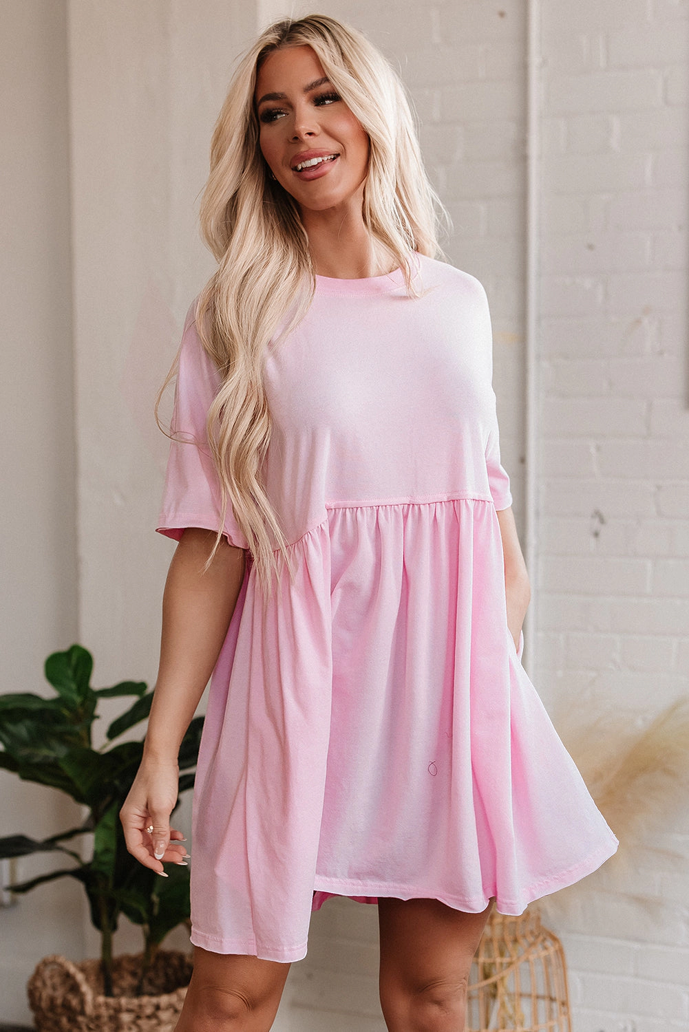 Threaded Pear Women's Estella Pocketed Raw Edge Babydoll Dress