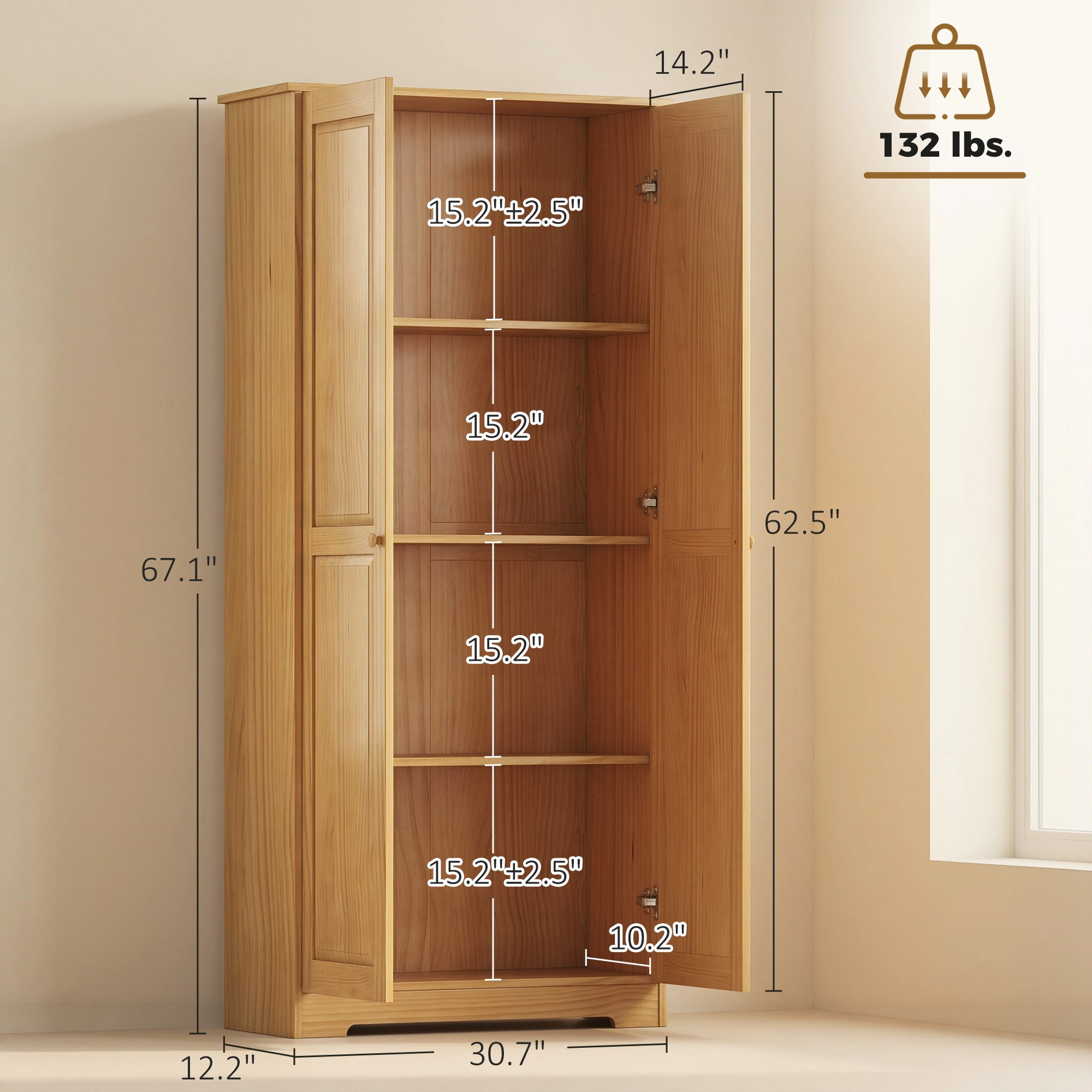 HONGGE 67" Pinewood Kitchen Pantry Storage Cabinet, Freestanding Cabinets with Doors and Shelves, Dining Room