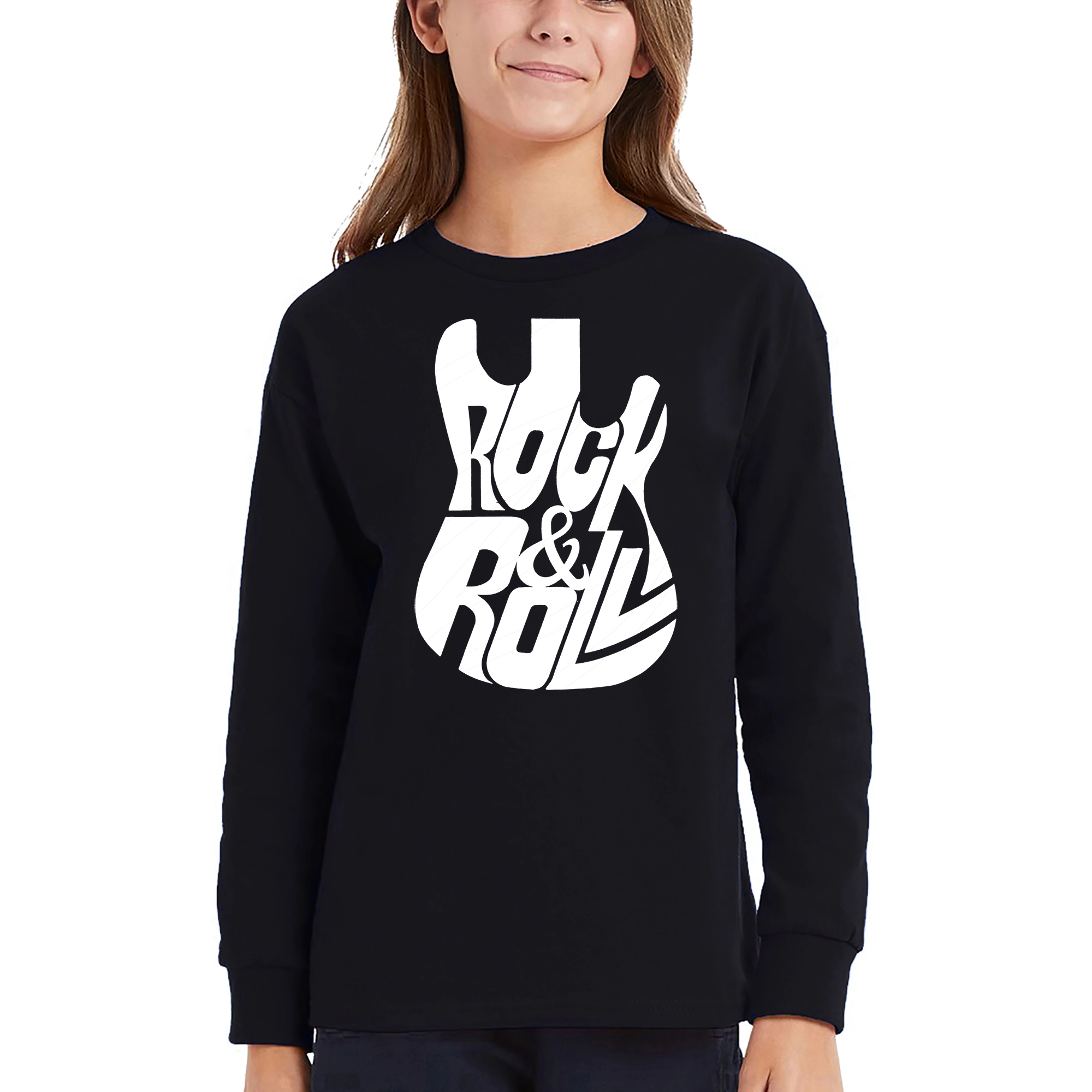 LA Pop Art Girls Long Sleeve Word T-Shirt - Rock And Roll Guitar