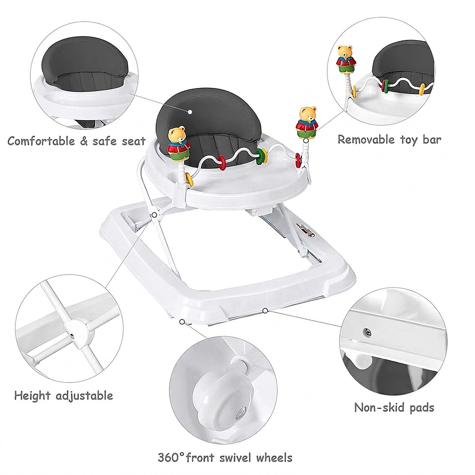SUGIFT Gray 3 Adjustable Heights and Detachable Padded Seat Foldable Baby Walker