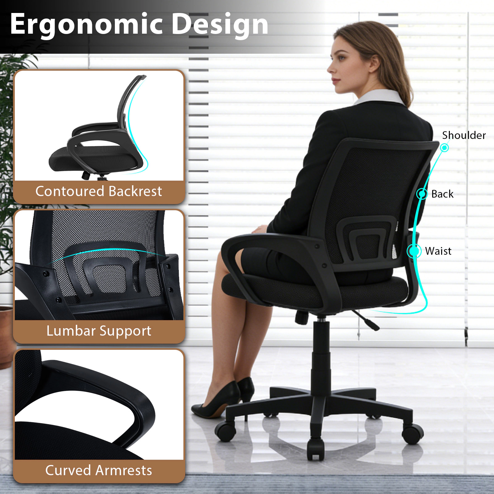 SUGIFT Mid-Back 275-lb Capacity Black Breathable Mesh Ergonomic Computer Desk Chair with Lumbar Support