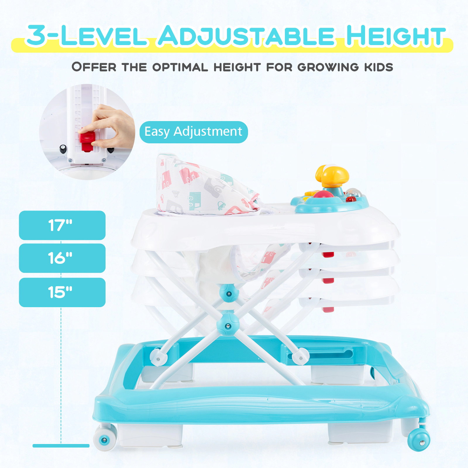 Foldable 3-Height Adjustable Baby Walker with Music Tray Padded Seat and Universal Wheels Green Sit-in Walker