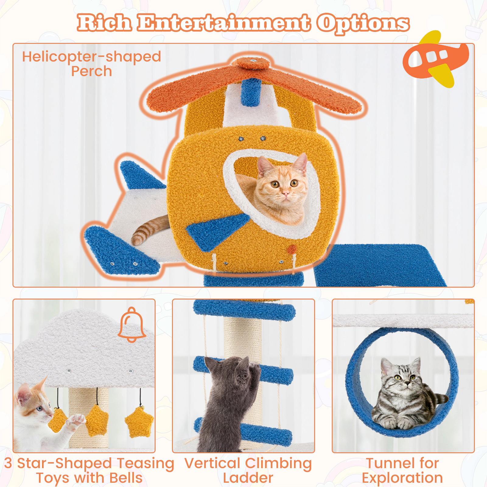 SUGIFT 70-in Tall Aviation-Themed Cat Tree with Helicopter Top Perch, Condo & Platforms 22-lb Capacity Blue White Yellow