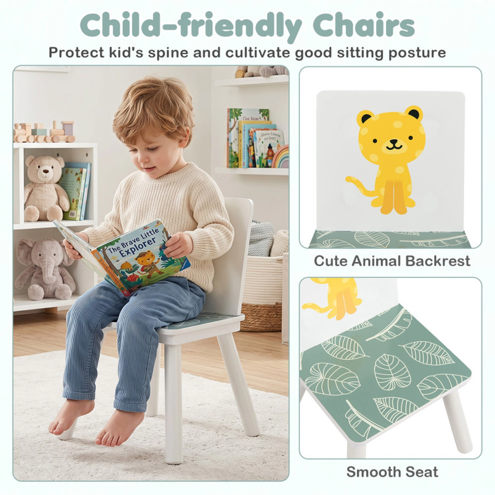 SUGIFT White Animal Patterns for Ages 3-6 3-Piece Kids Wooden Table and Chairs Set