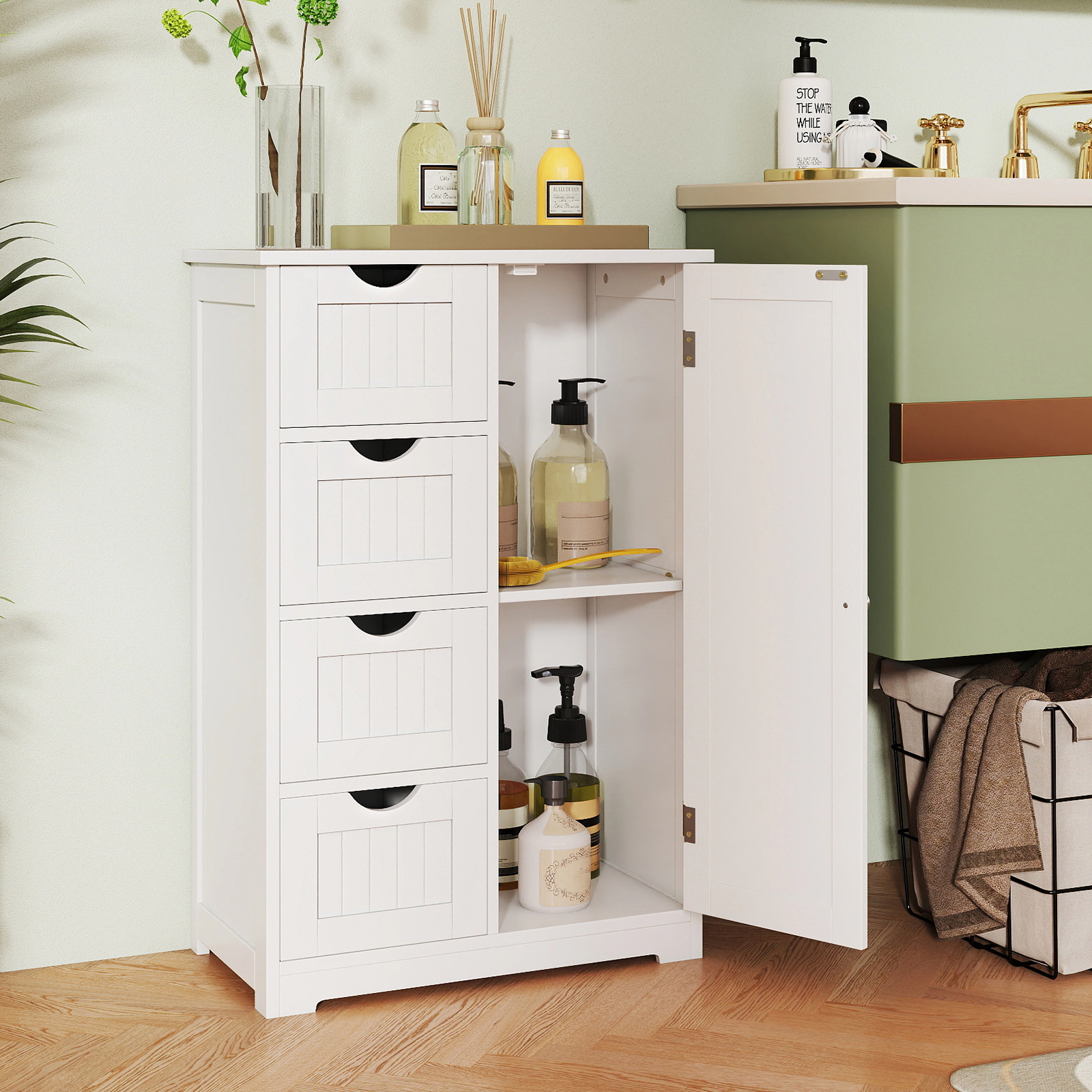 SUGIFT White 143-lb Capacity 4-Drawer Freestanding Wood Storage Cabinet with Side Door and Anti-Tip Kits
