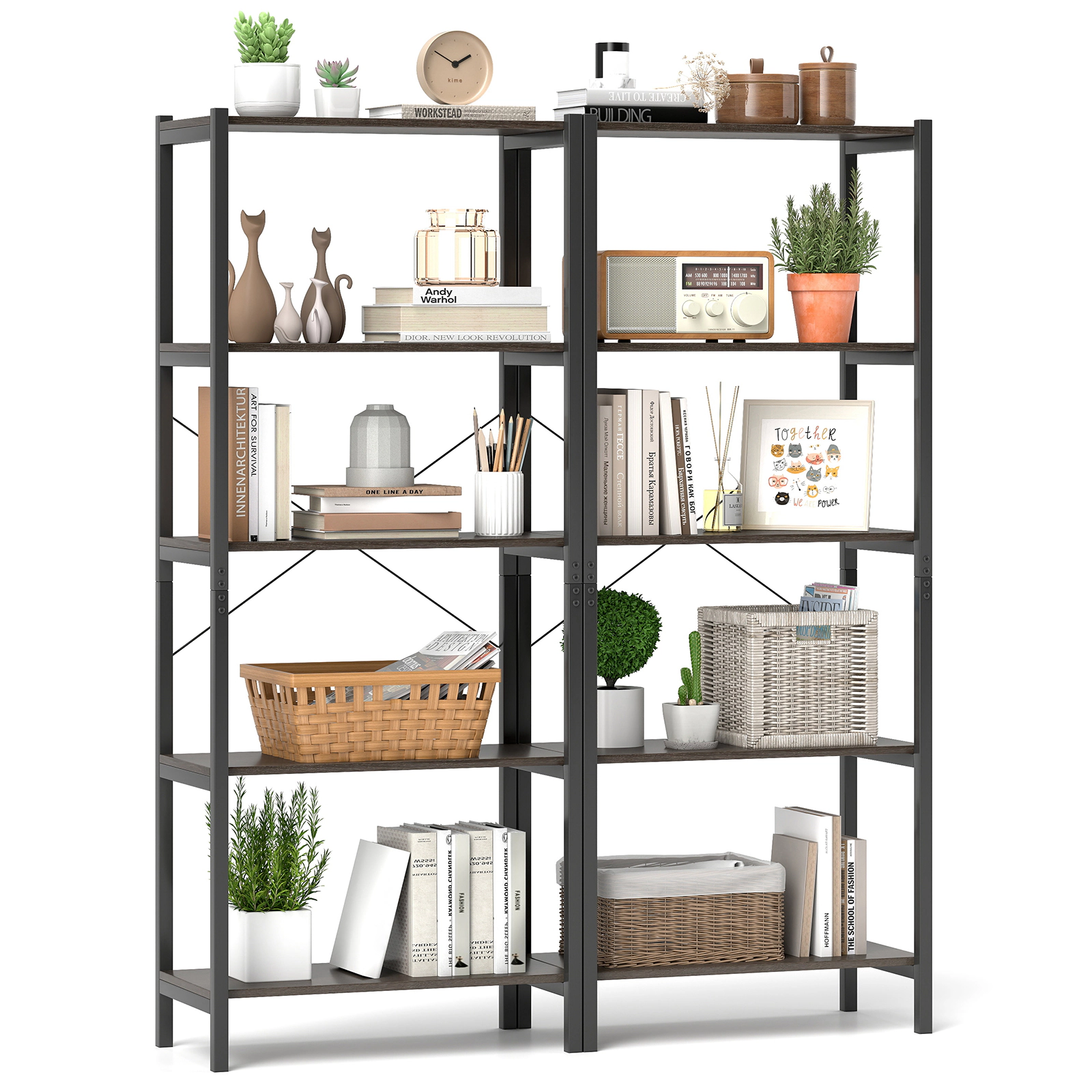LJG 5-Tier Industrial Bookshelf Display Storage Rack with Metal Frame