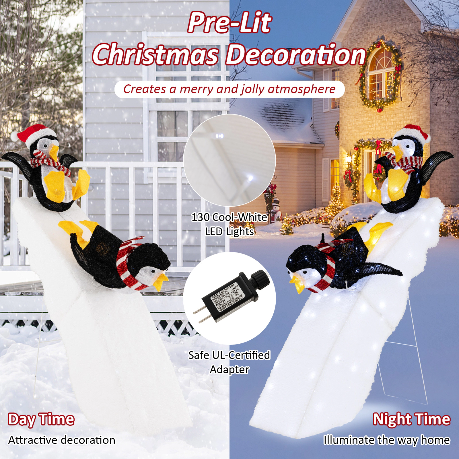 SUGIFT Lighted Black and White Christmas Penguin Yard Decoration with Snowy Slide and 130 LED Lights 3-ft W 4-ft H