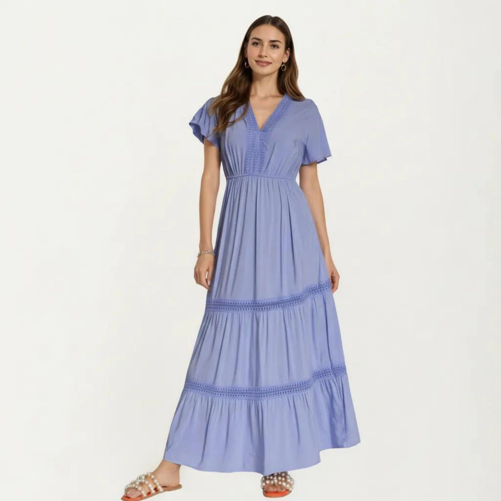 Anna-Kaci Women's Short Sleeve V Neck Tiered Skirt Detail Relaxed Fit Flowy Silhouette Maxi Dress