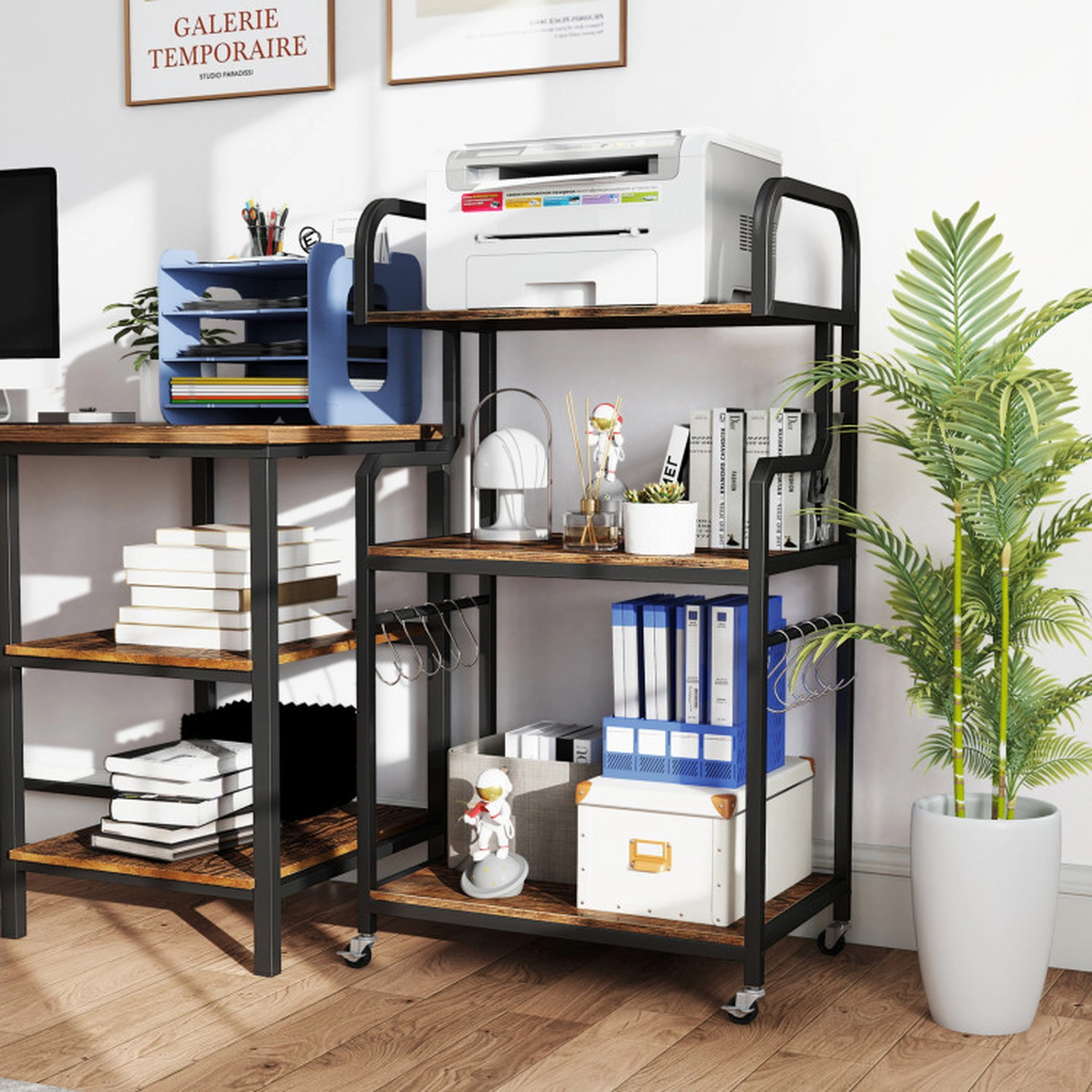 SUGIFT 3-Tier Rolling Printer Stand Office Cart 44-lb Top 110-lb Middle 100-lb Bottom 22 x 16-in Shelves Rustic Brown