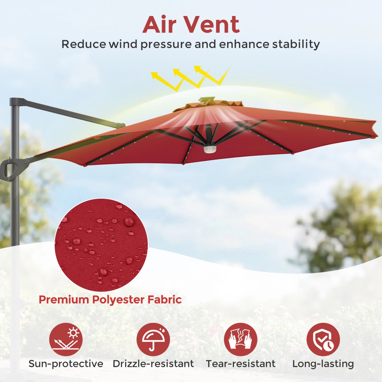 SUGIFT 10-ft Cantilever Patio Umbrella with 35 Solar LED Lights & 220-lb Fillable Base Tan/Beige/Navy/Gray/Wine + Black