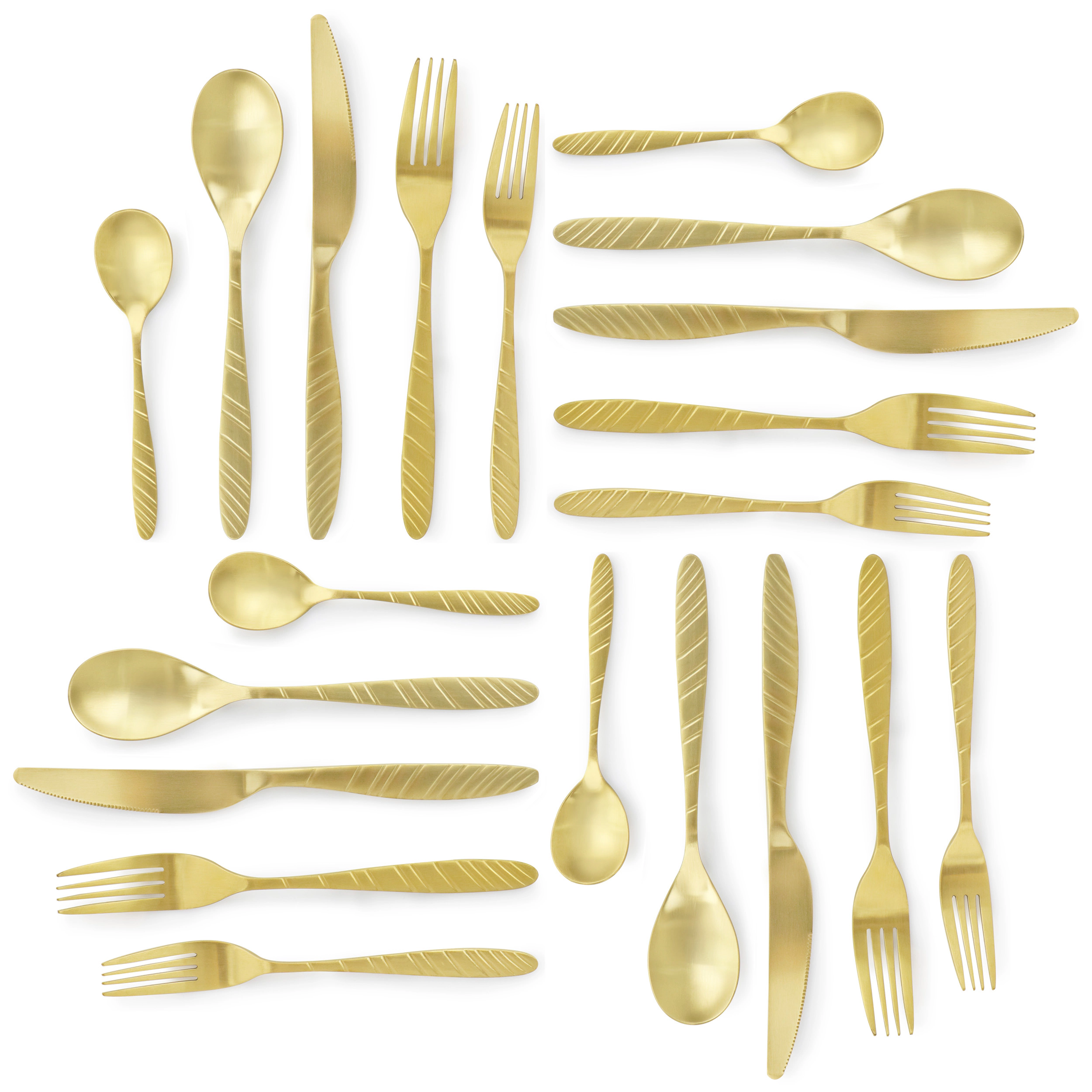 Megachef La Vague 20 Piece Flatware Utensil Set, Stainless Steel Silverware Metal Service for 4 in Matte Gold