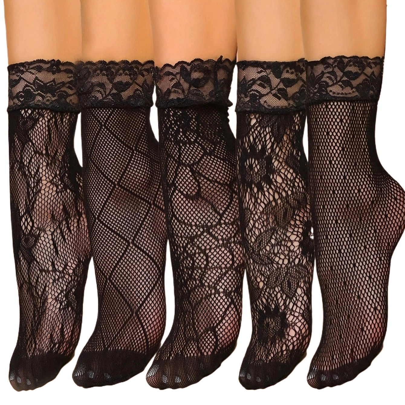 5 Pairs Pack Women Fishnet Ruffle Lace Ankle Socks