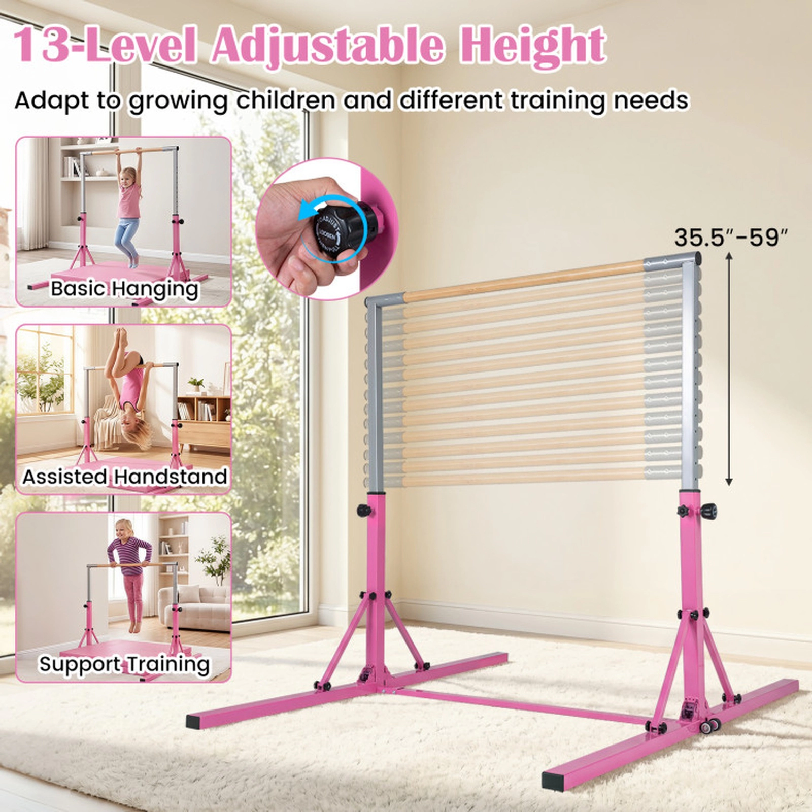 SUGIFT Foldable 13-Level Adjustable Gymnastics Training Bar 265-lb Capacity Ages 3+ Pink