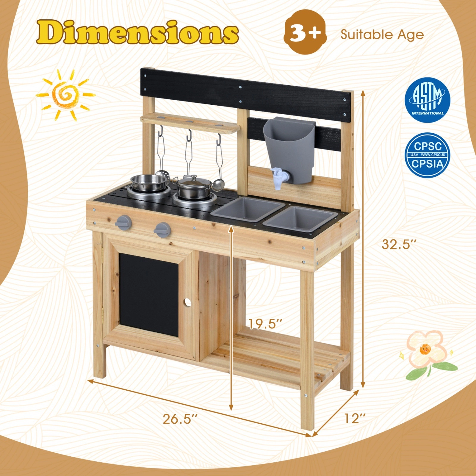 Mud Kitchen for Kids Outdoor 2 Removable Sinks Working Faucet 5 Kitchenware Pieces 26.5-in Fir Wood Ages 3+ Natural