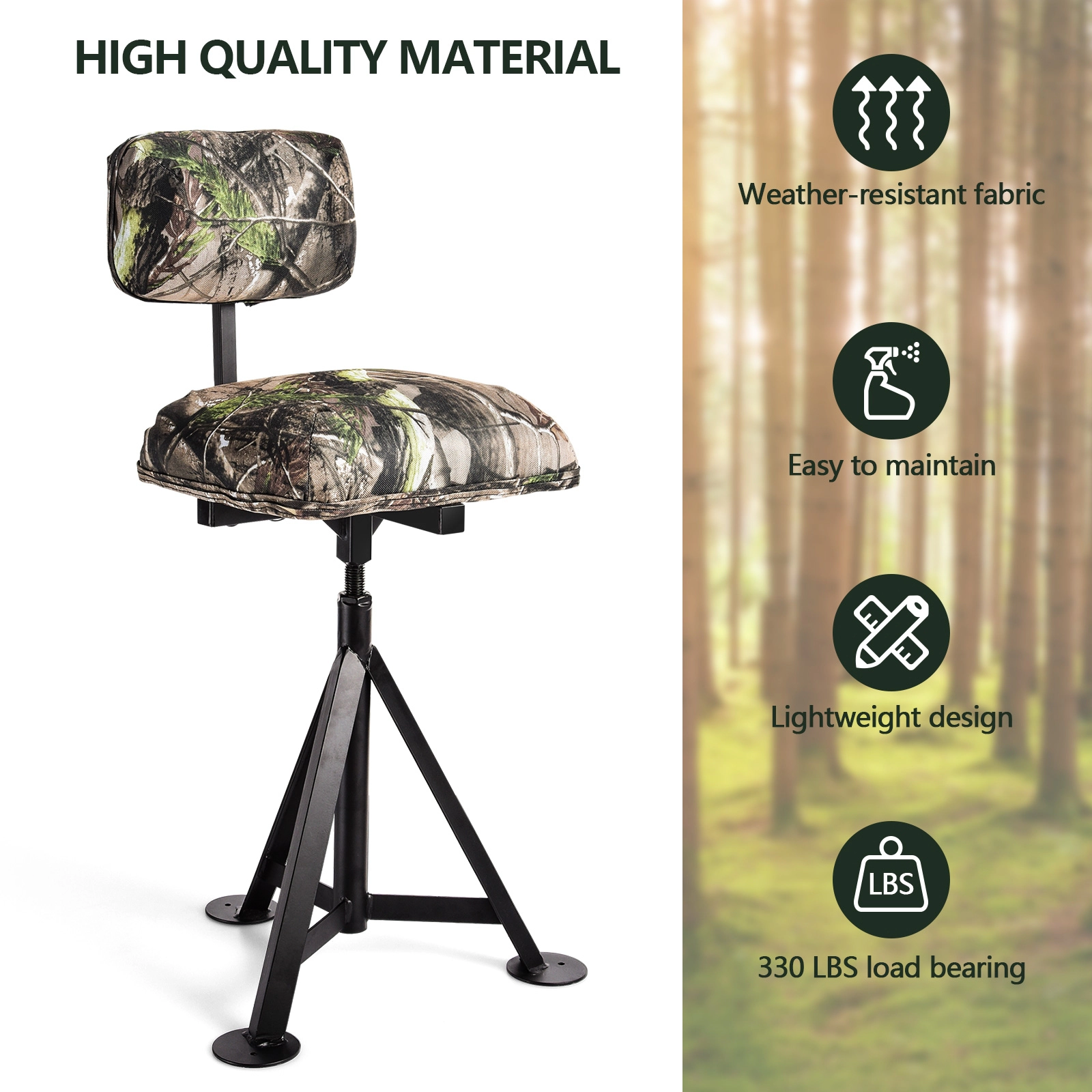 LJG Swivel Hunting Chair Tripod Blind Stool with Detachable Backrest