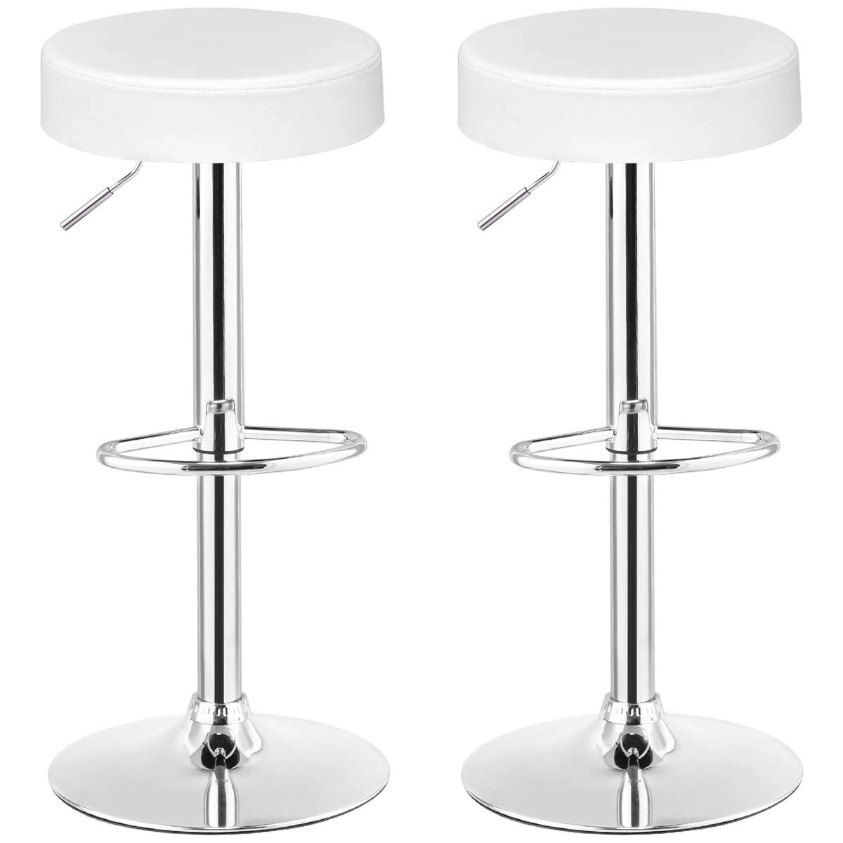 SUGIFT Height Adjustable Round PU Leather Swivel Bar Stools with Chrome Footrest 250-lb Capacity Set of 2 White
