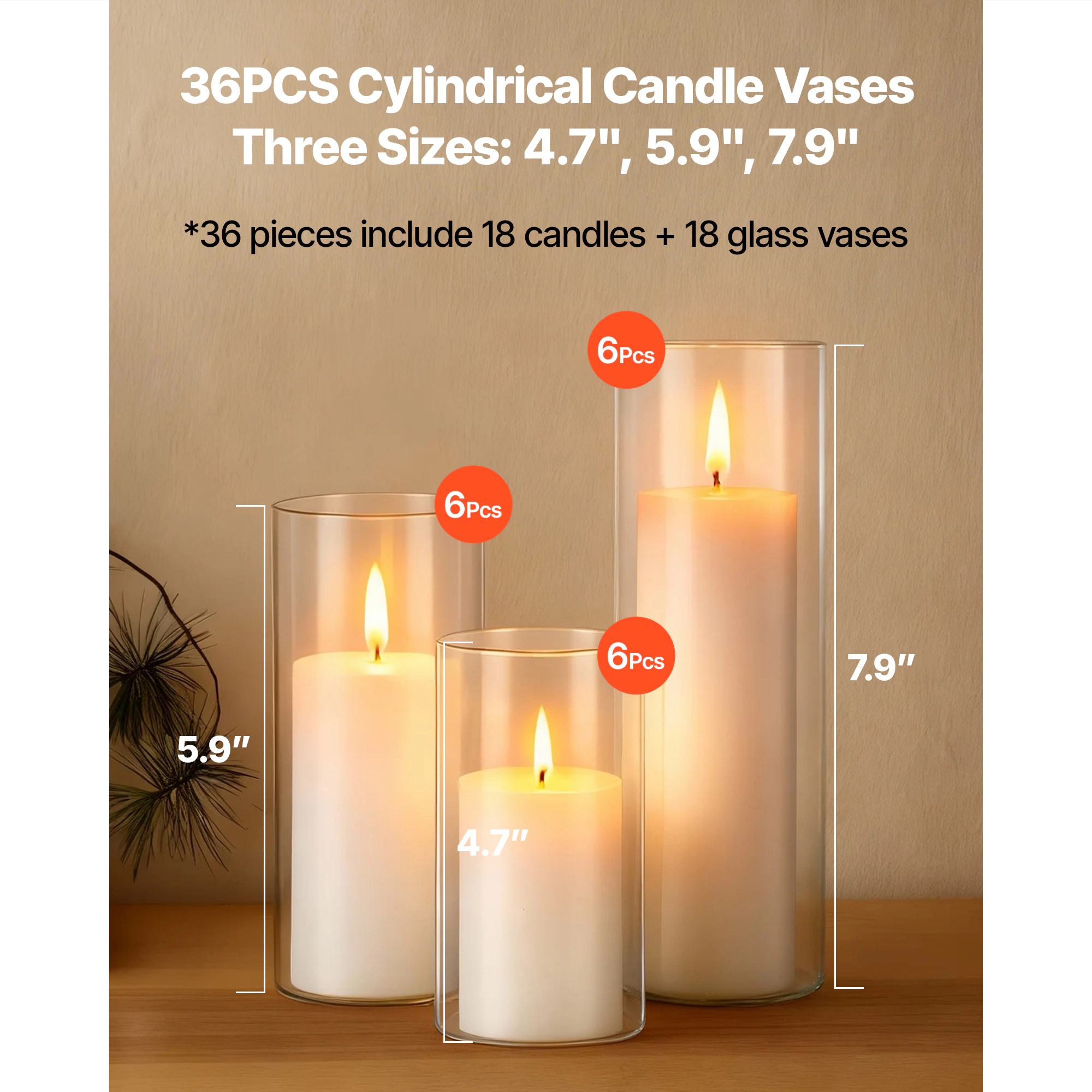 HONGGE Pillar Candles and Glass Vases Set Clear Cylinder Hurricane Candle Holders for Wedding Centerpieces Tall Vase