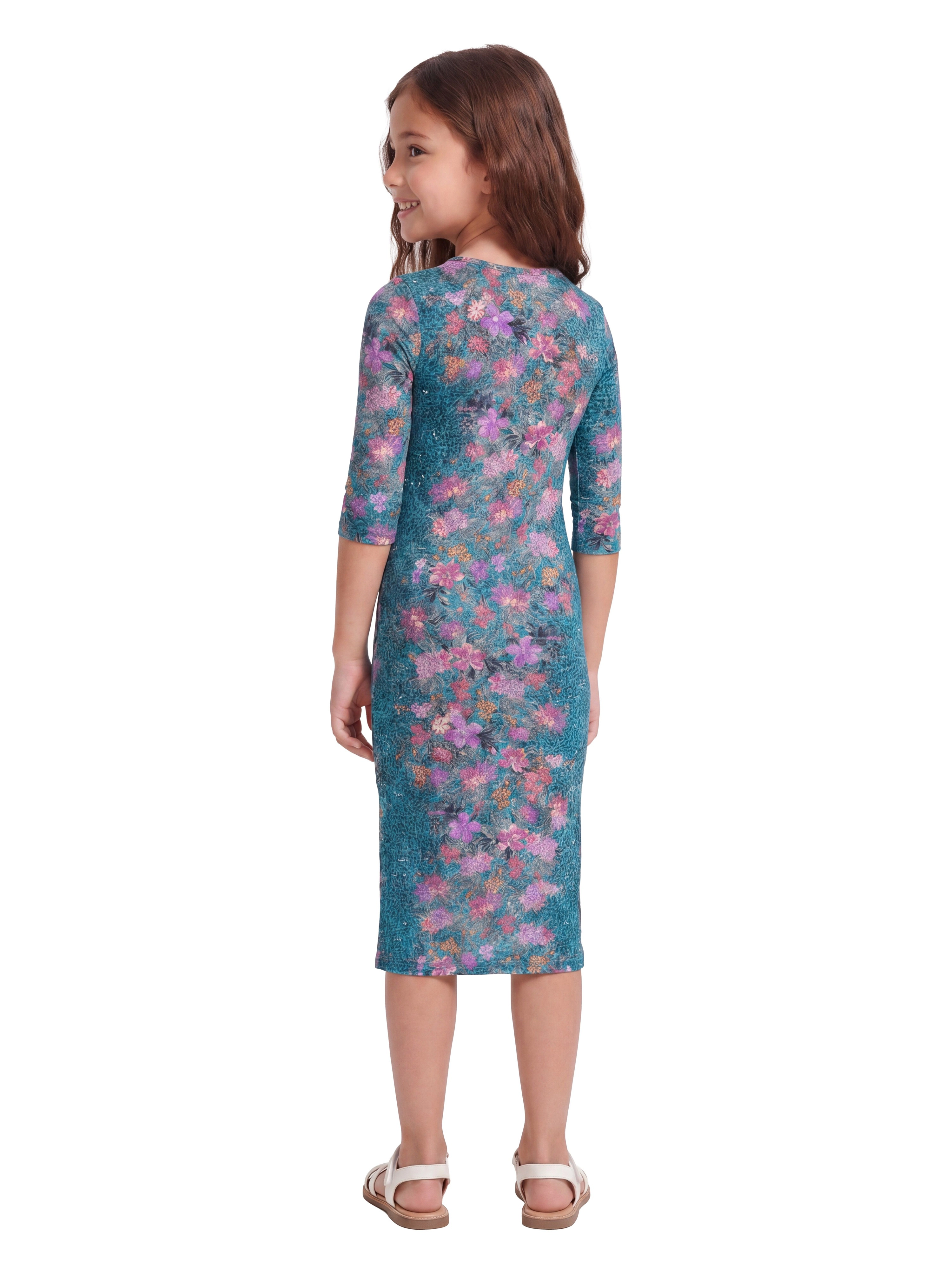 24sevenKid Essential Teal Animal Print Side Slit Girls Maxi Dress