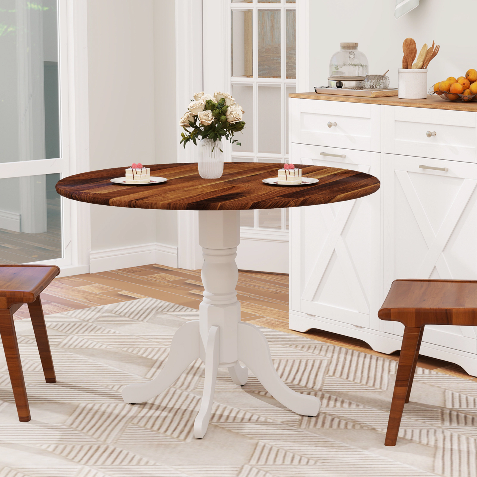 LJG Wooden Dining Table with Round Tabletop and Curved Trestle Legs