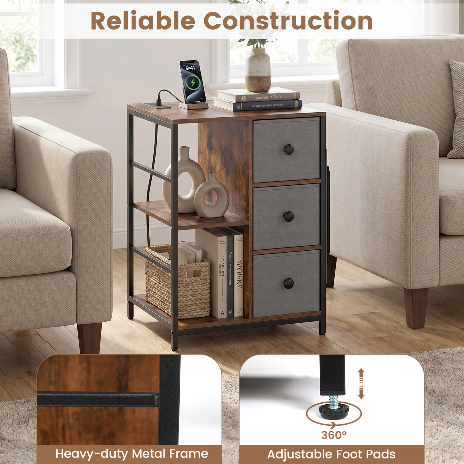 Hivvago Side Table With Charging Station Industrial Nightstand With Open Shelves