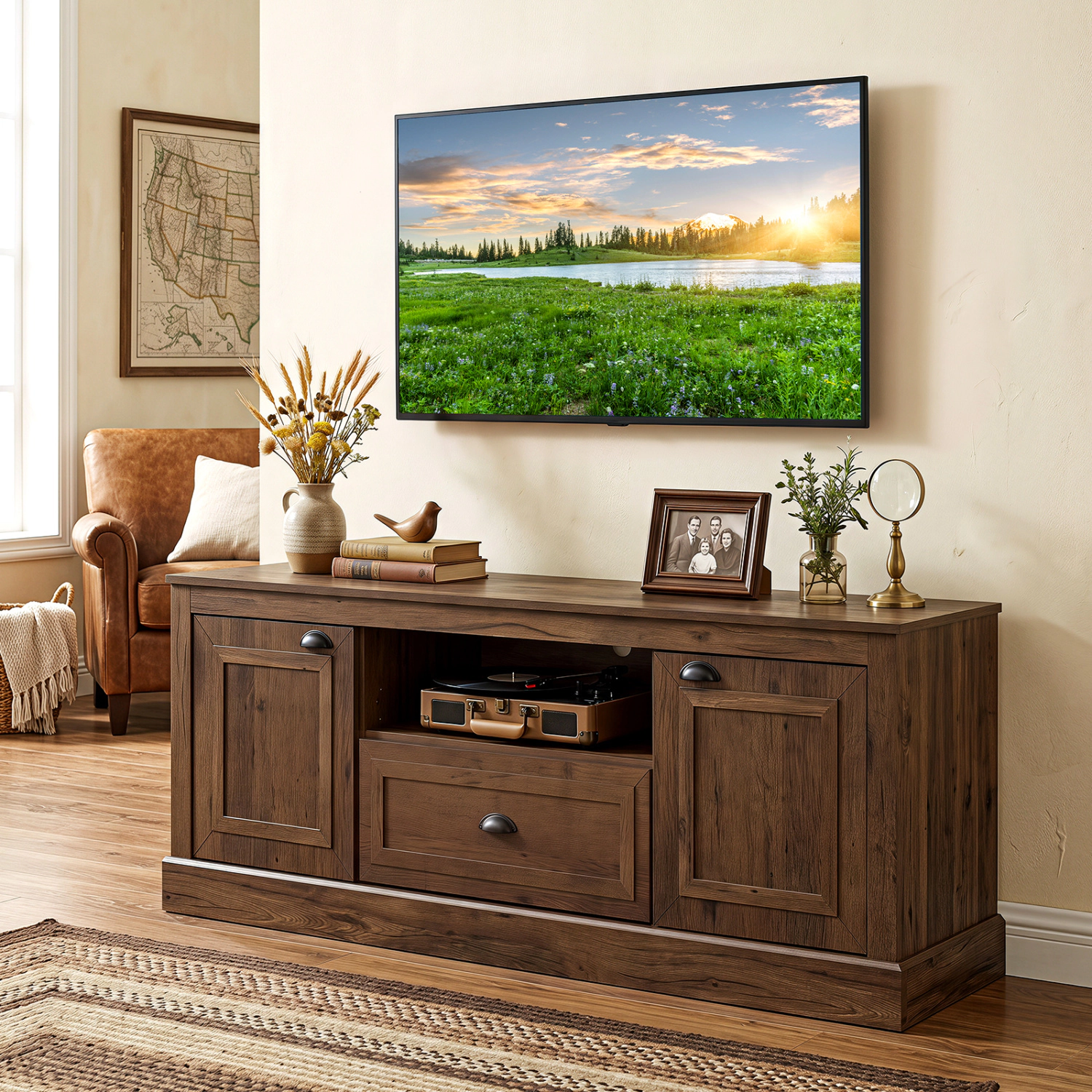 LJG Retro Farmhouse TV Stand for 70" TVs with 2 Doors & Removable Shelves