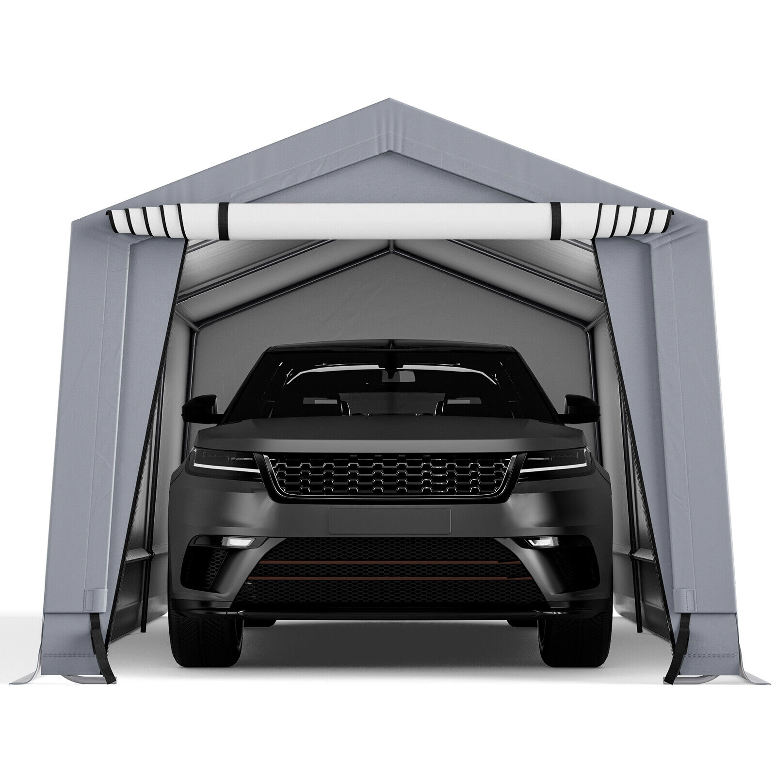 SUGIFT Gray Heavy Duty Galvanized Steel Carport Canopy Tent with 2 Roll Up Doors and 8 Legs 16-ft W 10-ft D