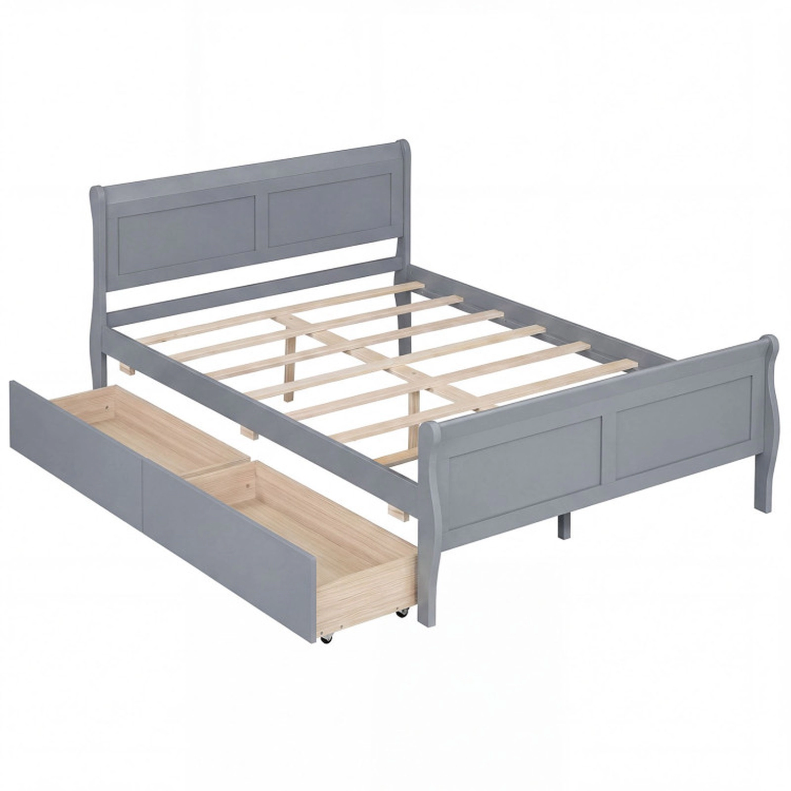 SUGIFT Gray 2 Storage Drawers and Curved Footboard Full Size Wooden Bed Frame