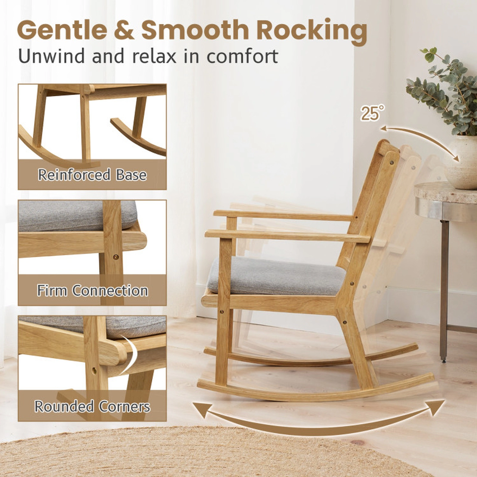 SUGIFT Solid Rubber Wood Rocking Chair with Padded Cushion 352-lb Capacity 33.5-in Frame Natural + Gray