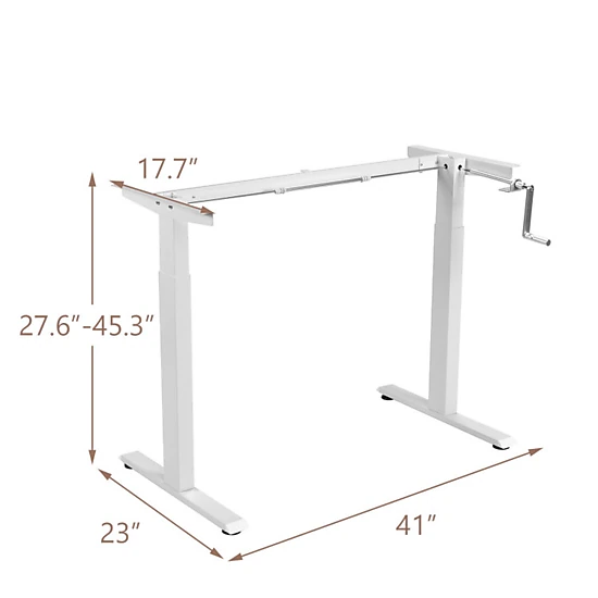 SUGIFT White Steel Hand Crank Sit-Stand Desk Frame, Adjustable Height, Tabletop Not Included